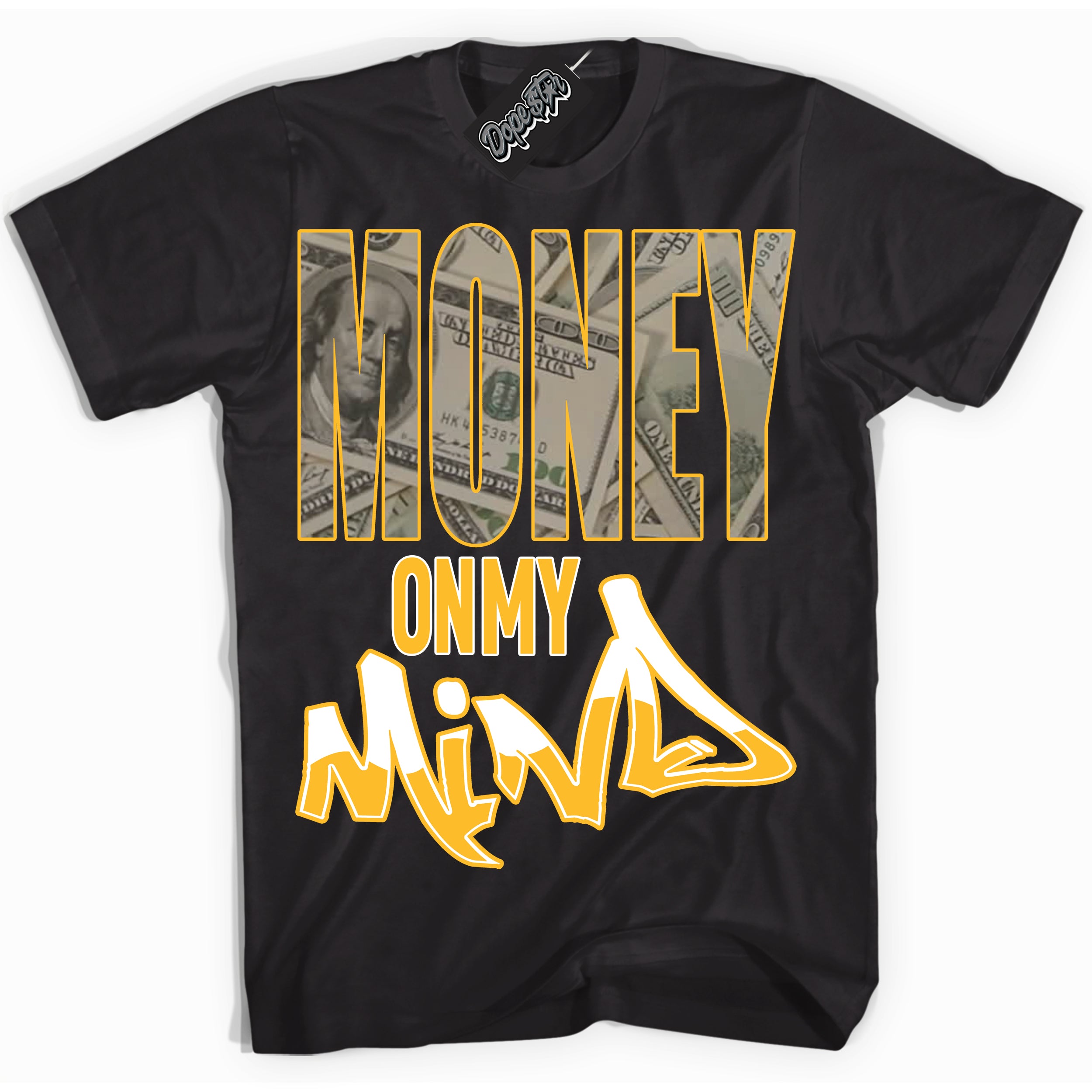 Cool Black Shirt with “ Money On My Mind ” design that perfectly matches White University Gold Sneakers.