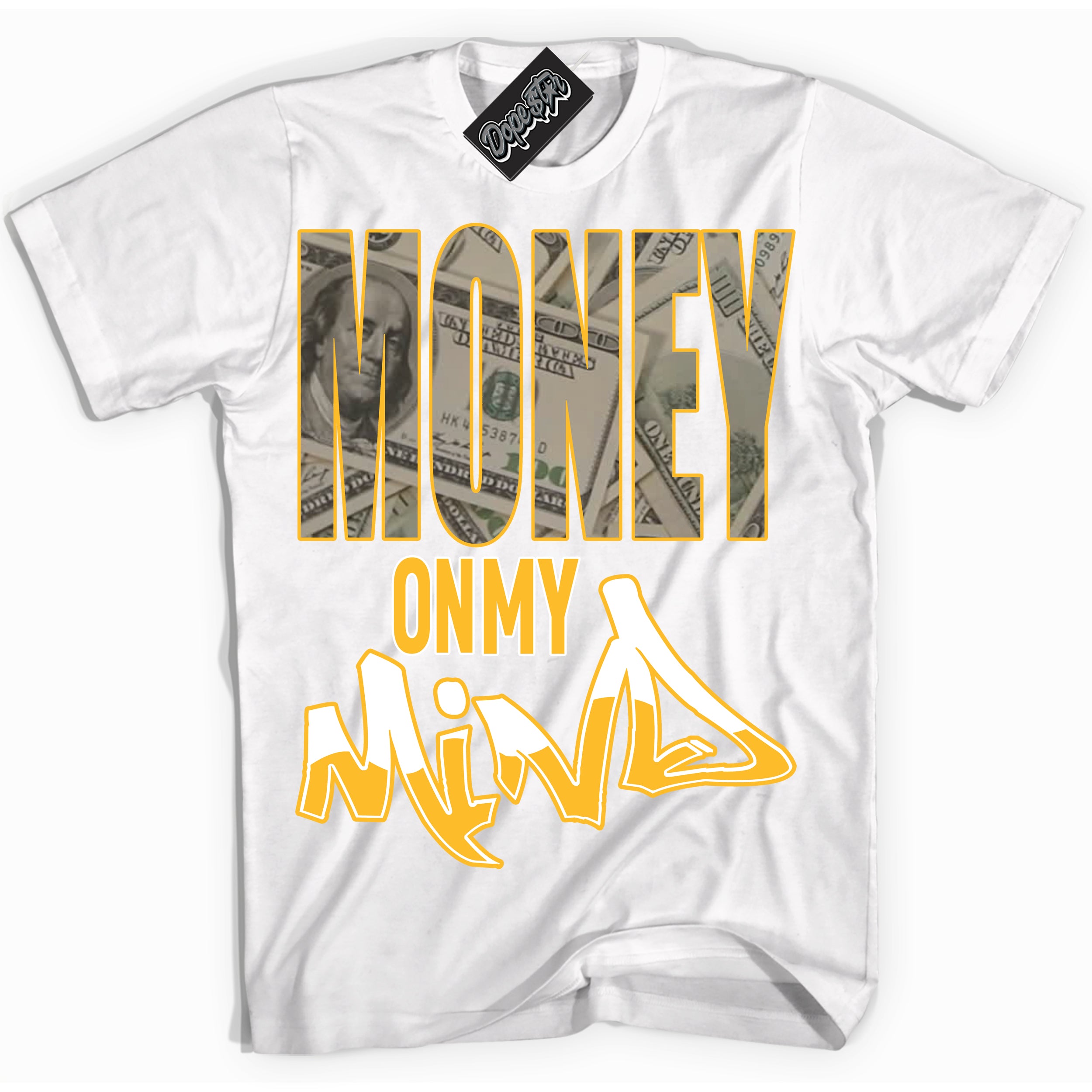 Cool White Shirt with “ Money On My Mind ” design that perfectly matches White University Gold Sneakers.