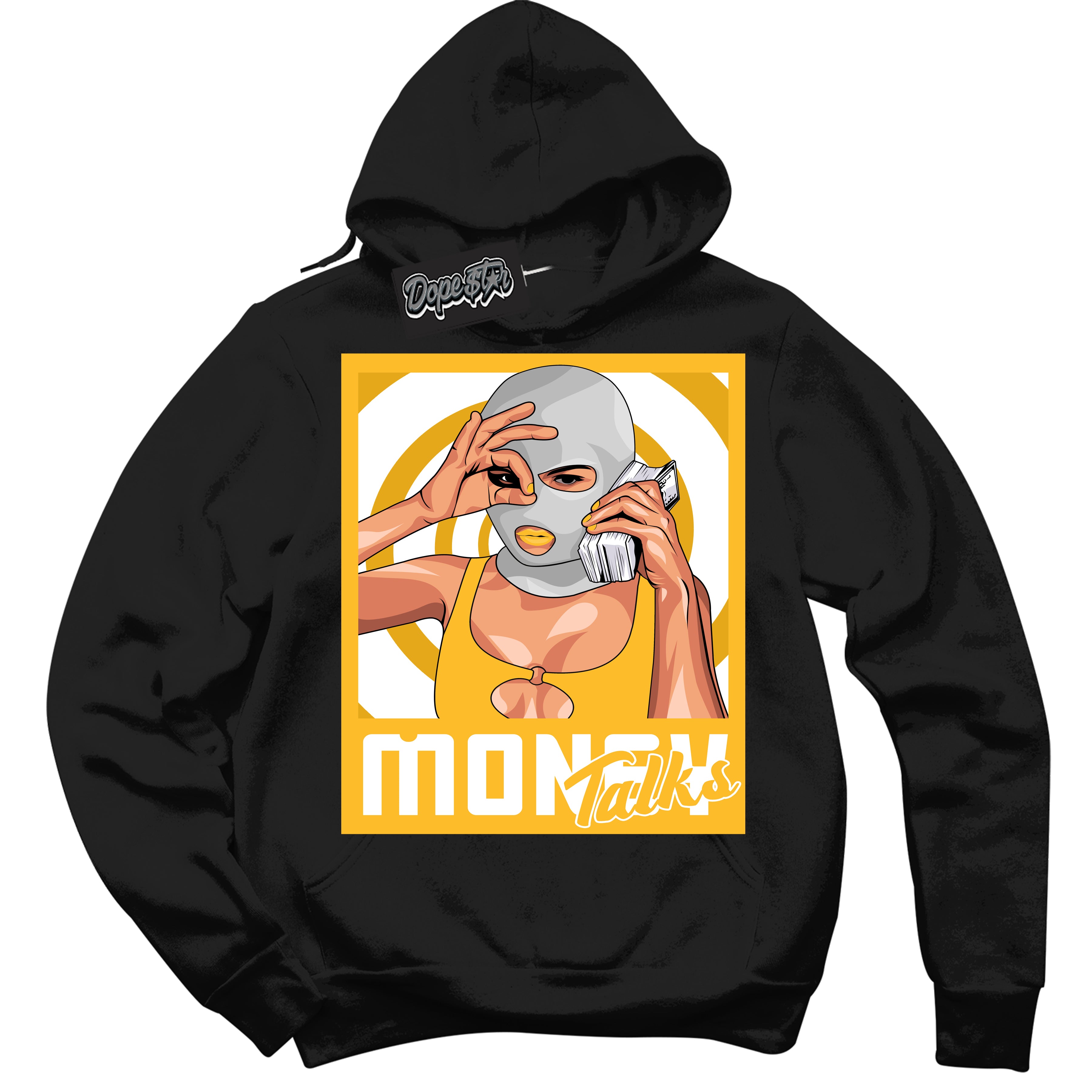 Cool Black Hoodie with “ Money Talks '' design that Perfectly Matches  White University Gold Sneakers.