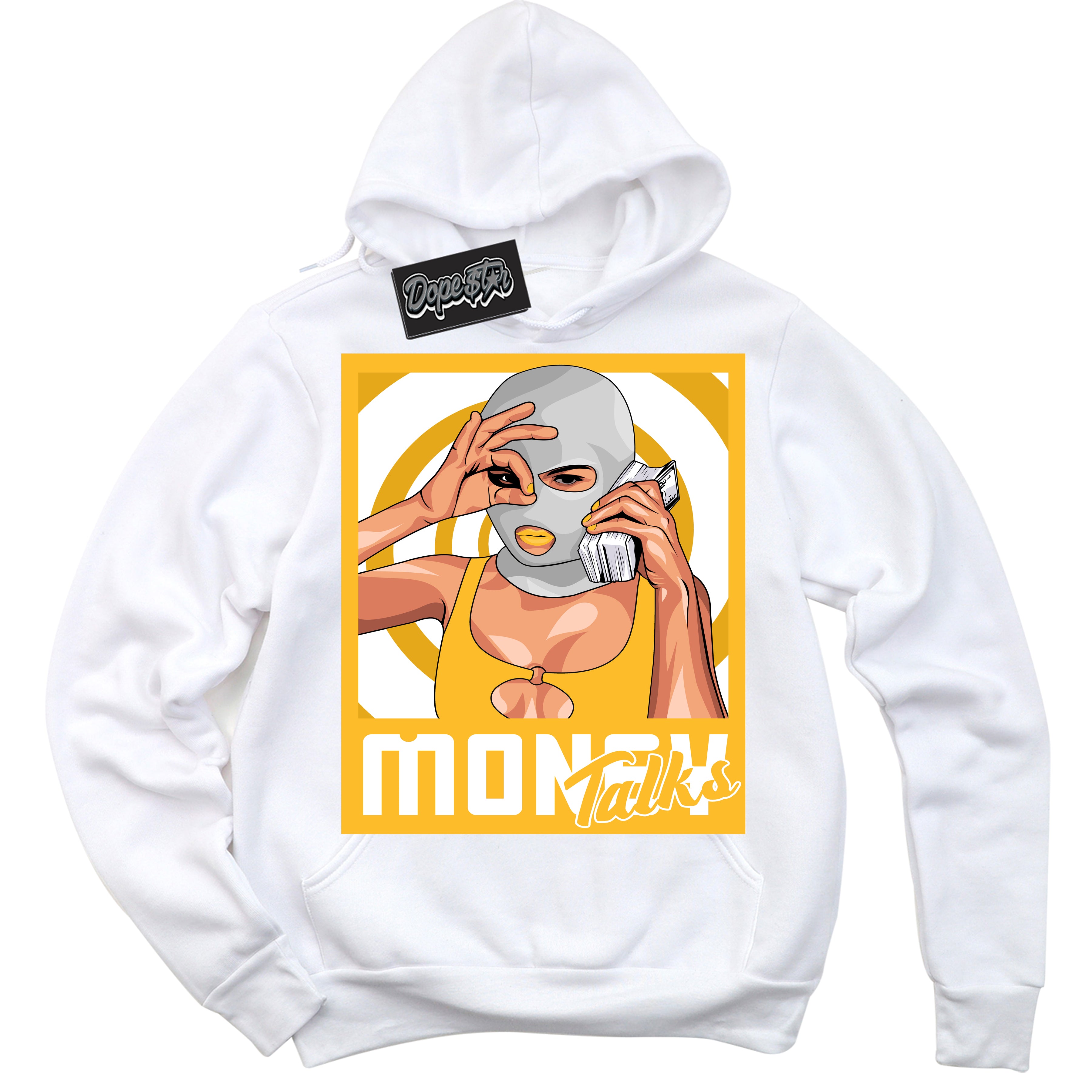 Cool White Hoodie with “ Money Talks '' design that Perfectly Matches  White University Gold Sneakers.