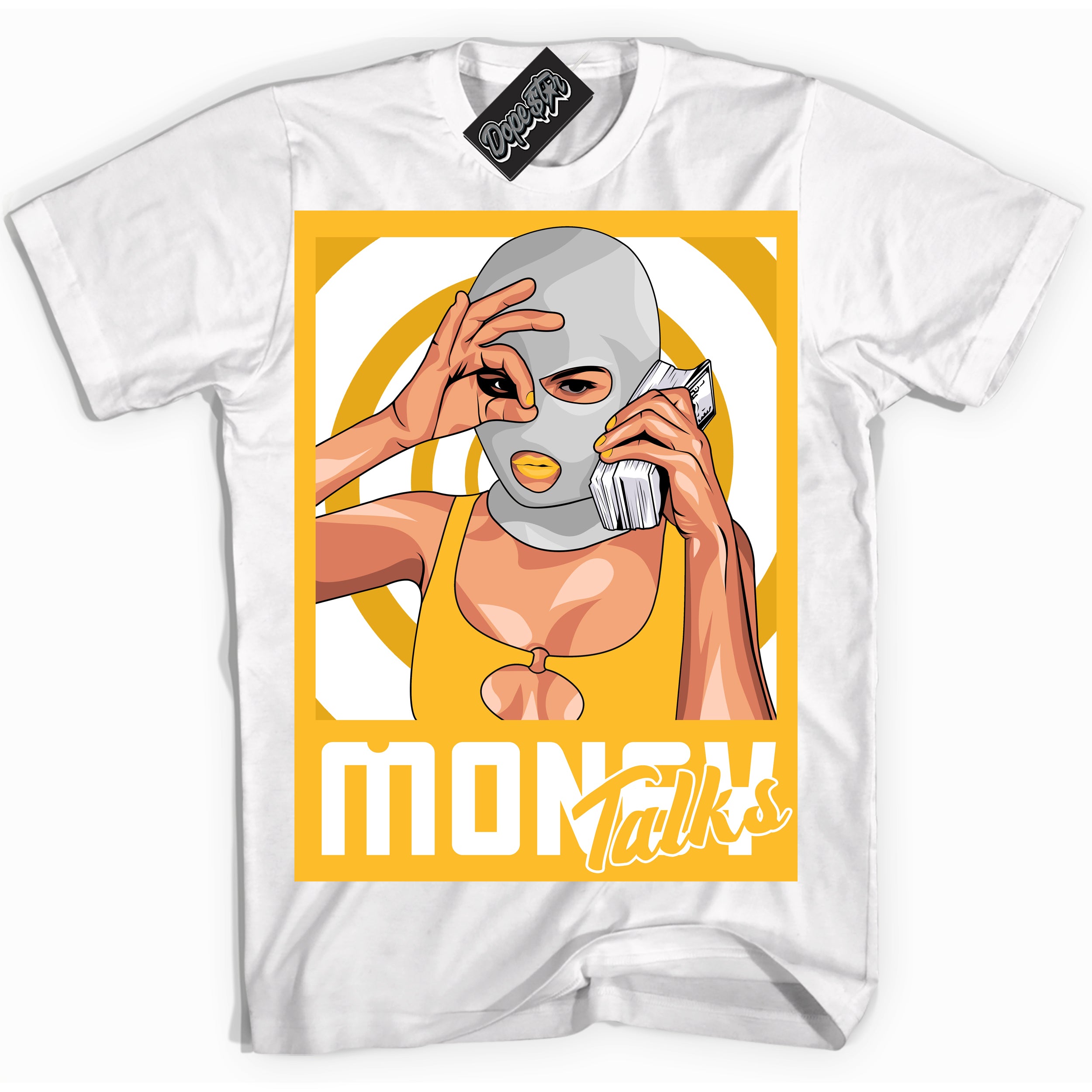 Cool White Shirt with “ Money Talks ” design that perfectly matches White University Gold Sneakers.