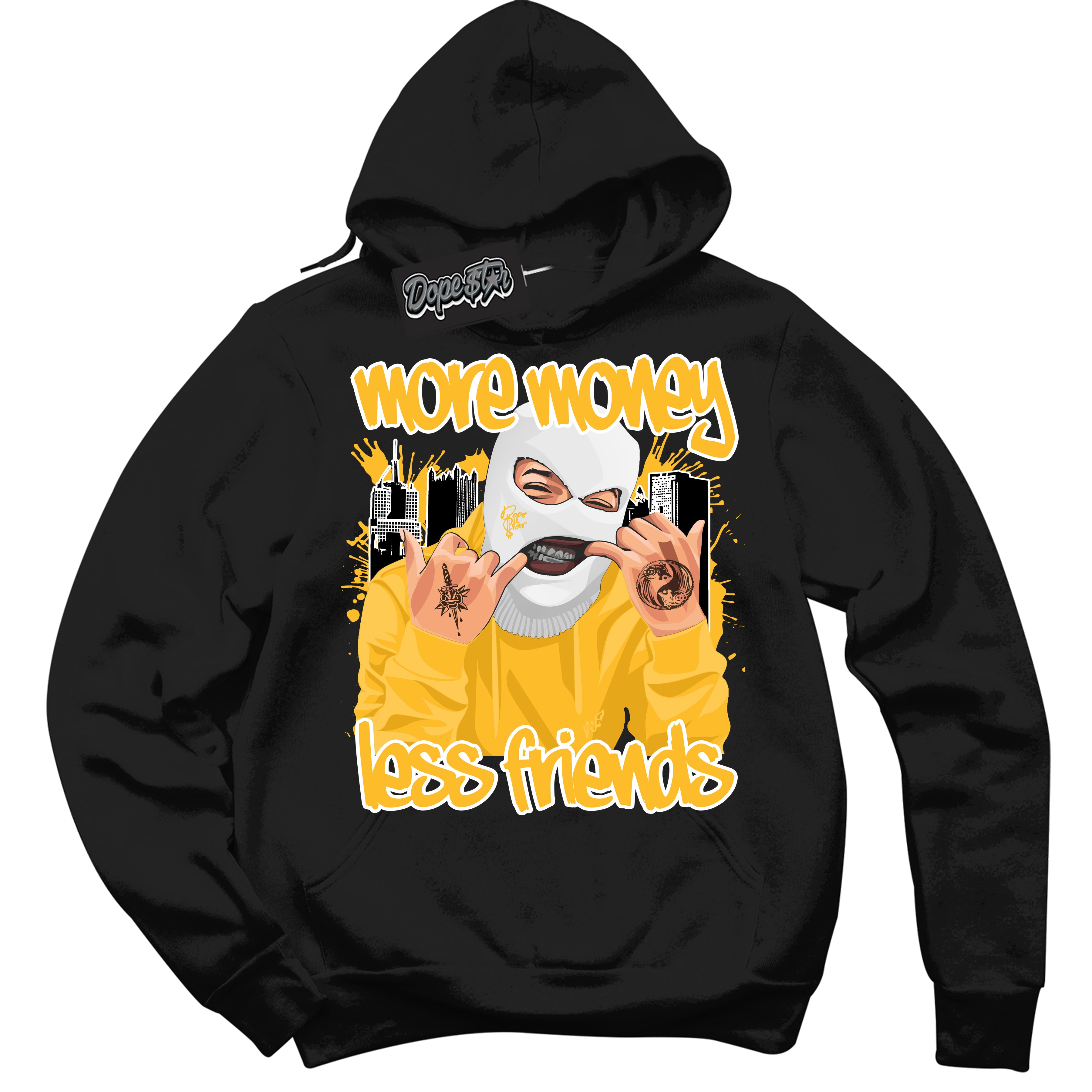 Cool Black Hoodie with “ More Money Less Friends '' design that Perfectly Matches  White University Gold Sneakers.