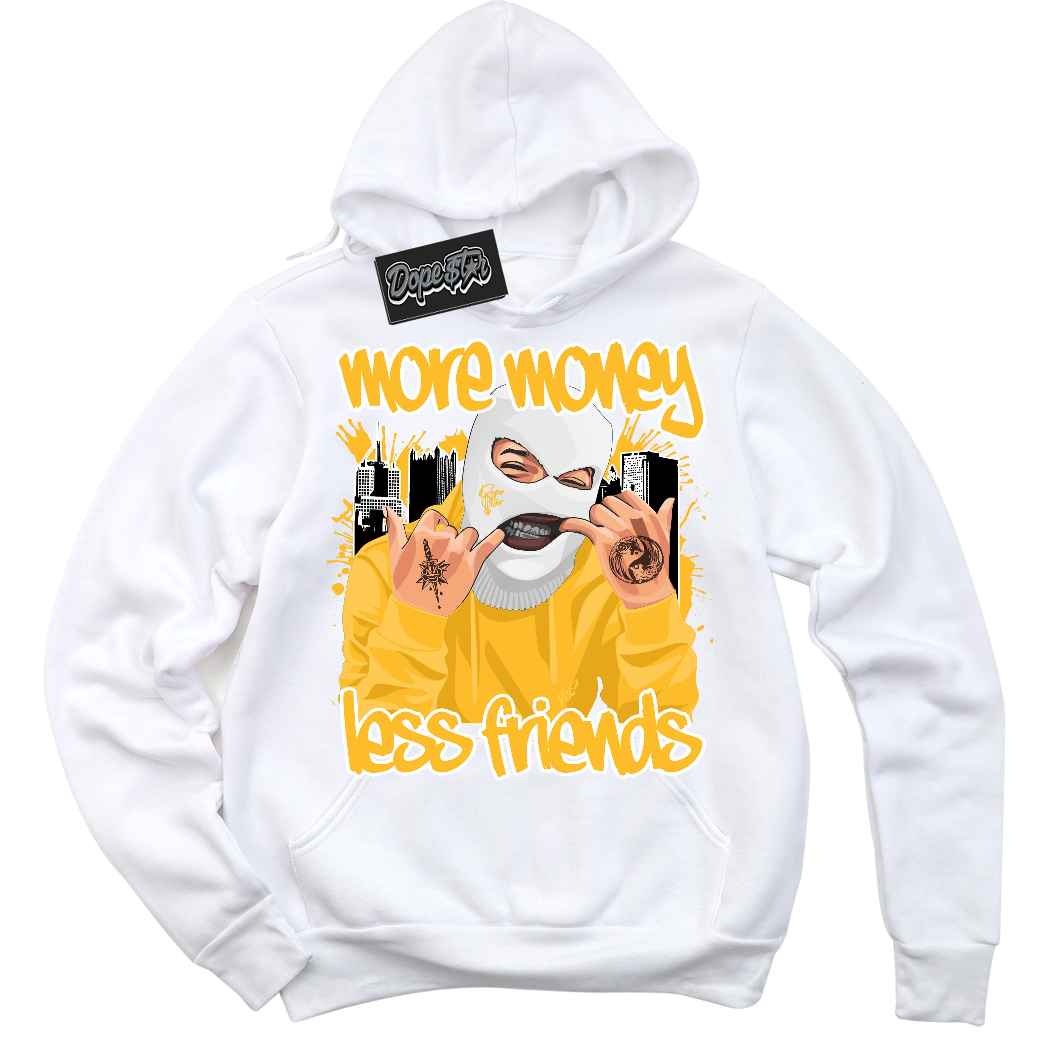 Cool White Hoodie with “ More Money Less Friends '' design that Perfectly Matches  White University Gold Sneakers.