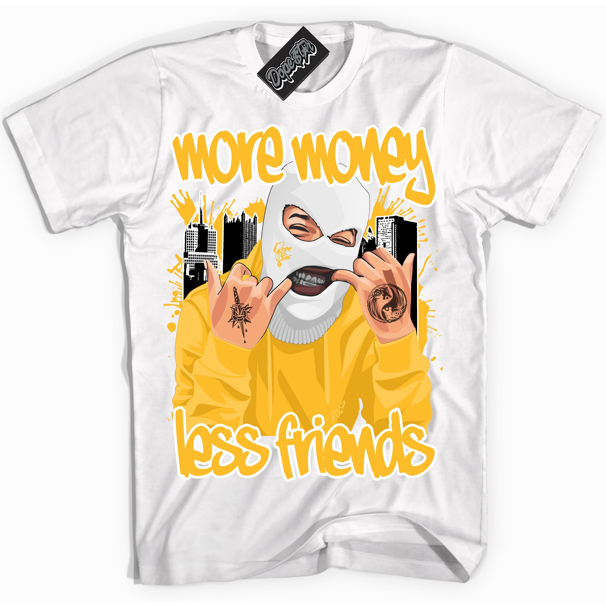 Cool White Shirt with “ More Money Less Friends ” design that perfectly matches White University Gold Sneakers.