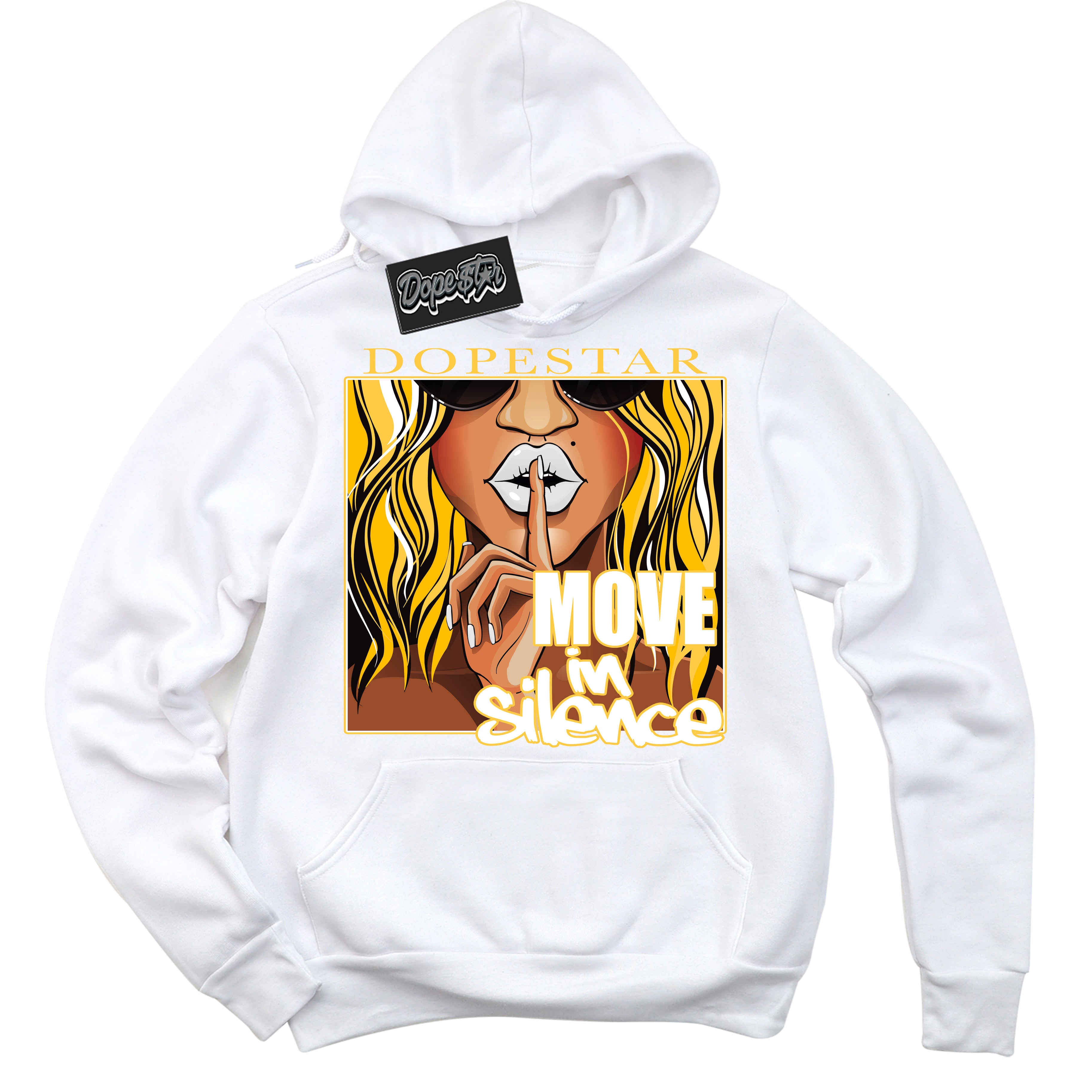 Cool White Hoodie with “ Move In Silence '' design that Perfectly Matches  White University Gold Sneakers.