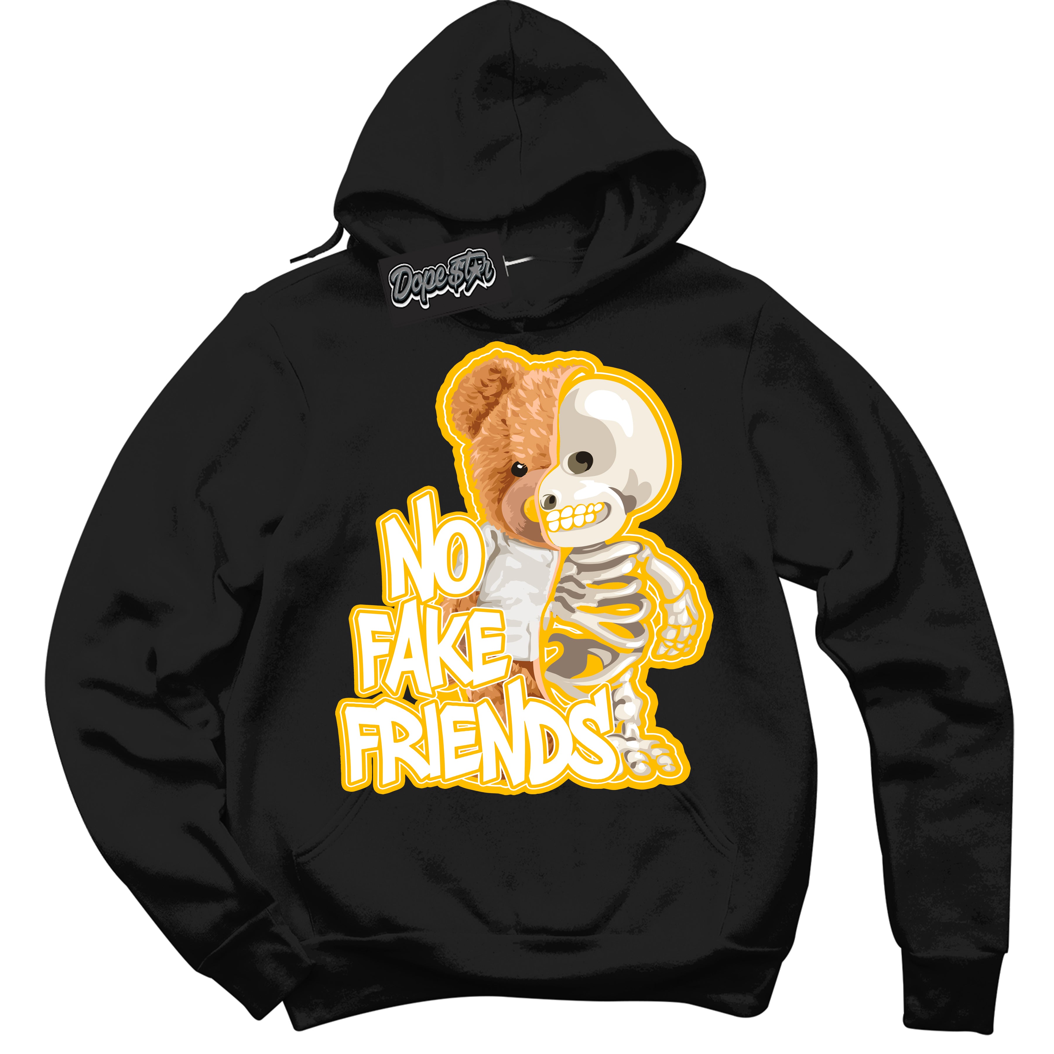 Cool Black Hoodie with “ No Fake Friends '' design that Perfectly Matches  White University Gold Sneakers.