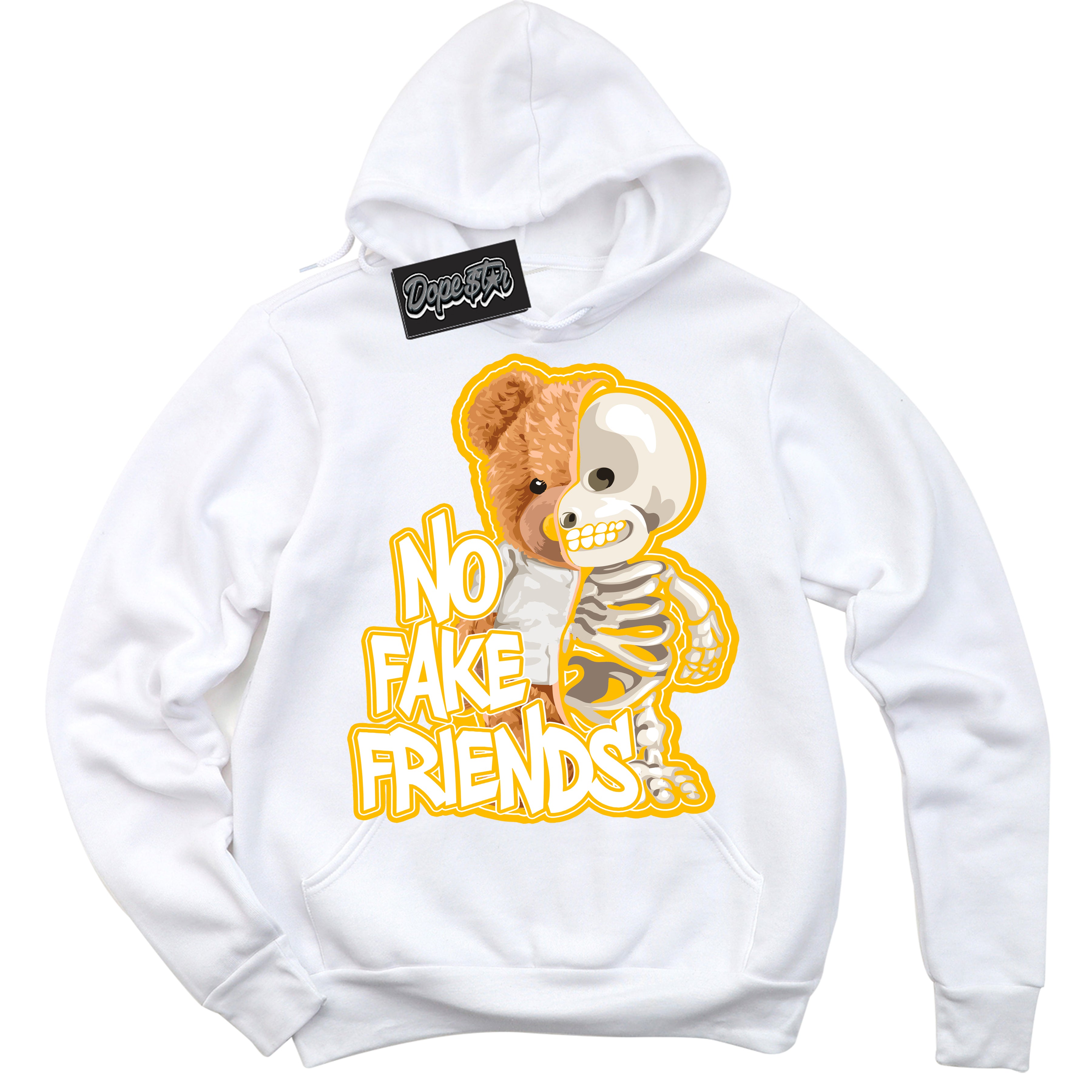 Cool White Hoodie with “ No Fake Friends '' design that Perfectly Matches  White University Gold Sneakers.