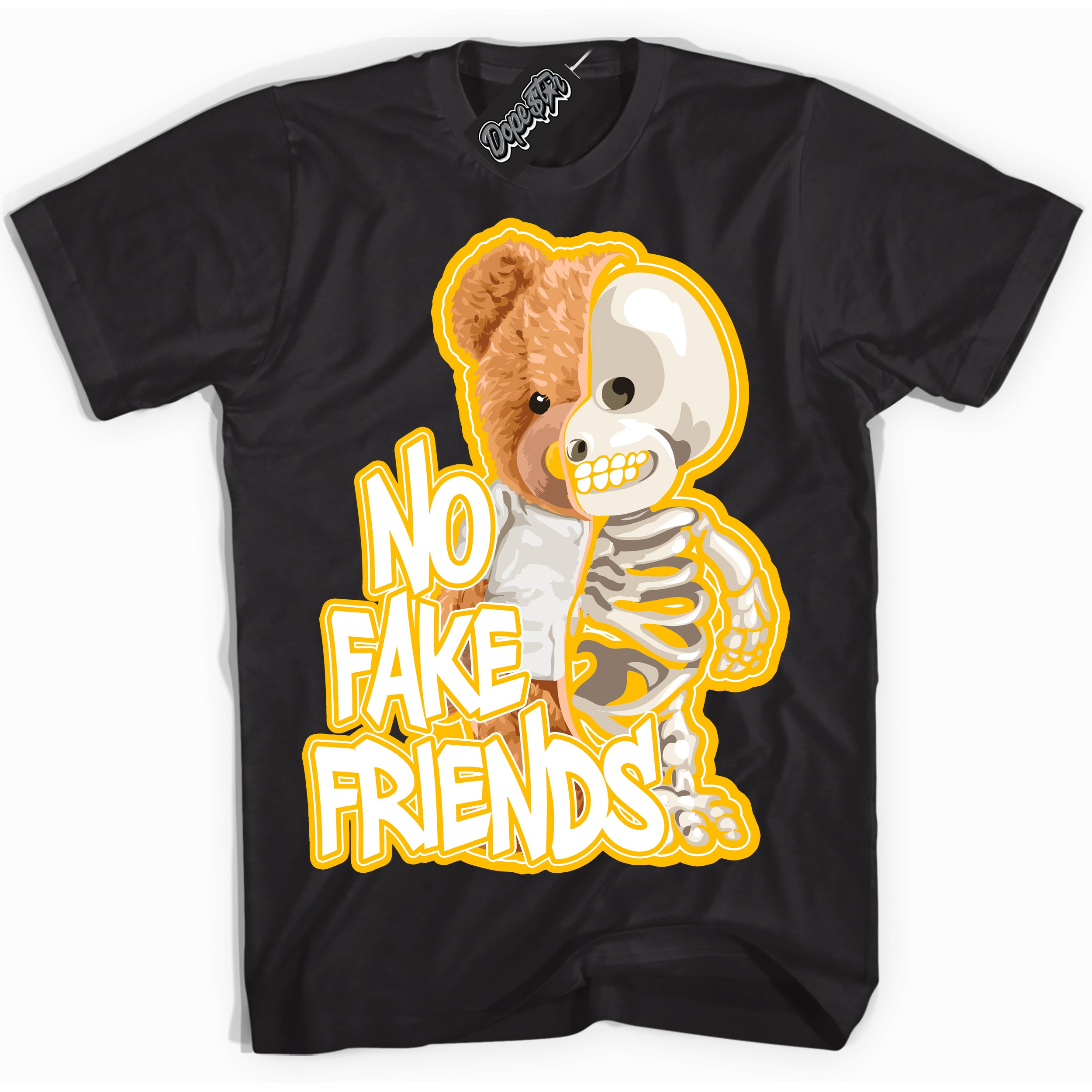 Cool Black Shirt with “ No Fake Friends ” design that perfectly matches White University Gold Sneakers.