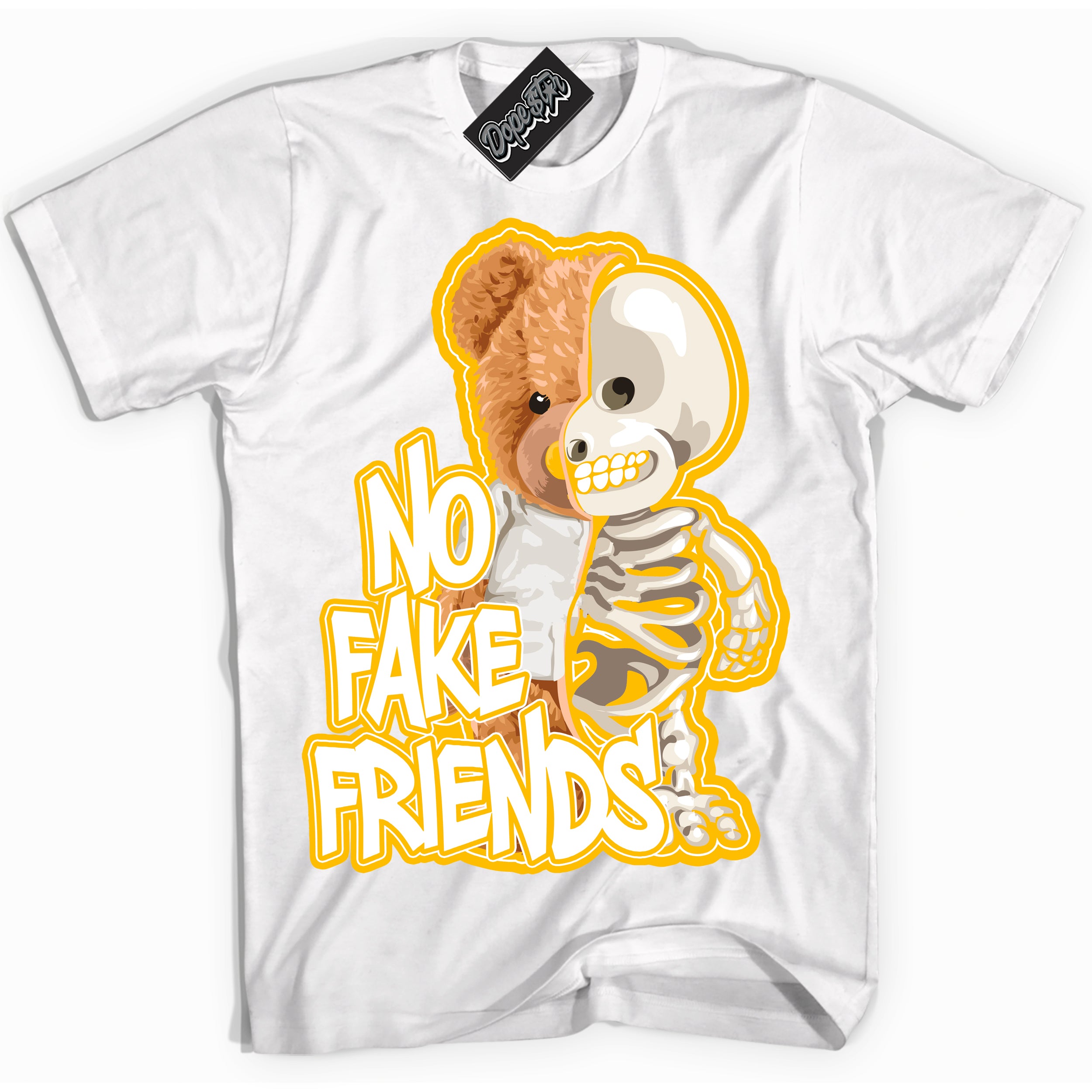 Cool White Shirt with “ No Fake Friends ” design that perfectly matches White University Gold Sneakers.