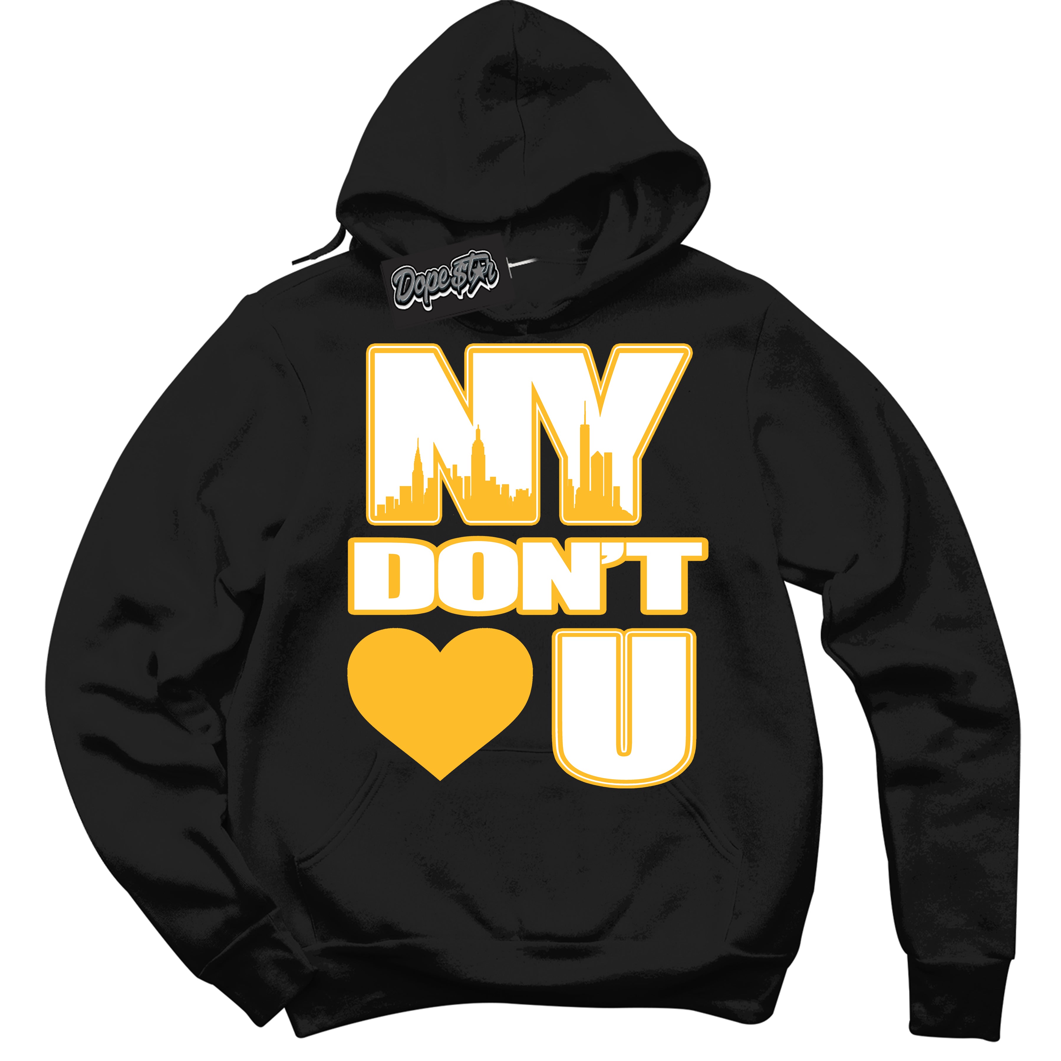 Cool Black Hoodie with “ NY Don't Love You '' design that Perfectly Matches  White University Gold Sneakers.