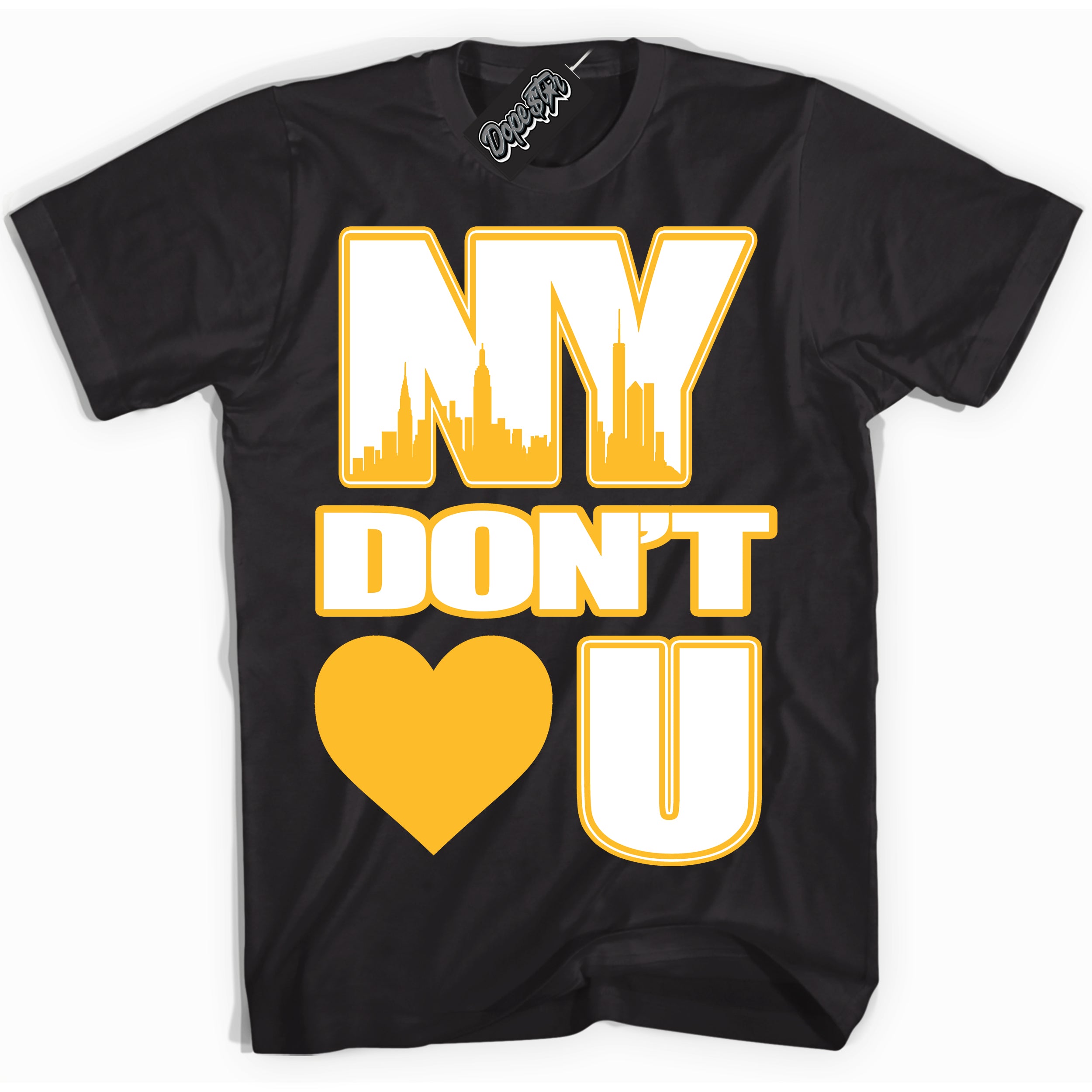 Cool Black Shirt with “ NY Don't Love You ” design that perfectly matches White University Gold Sneakers.