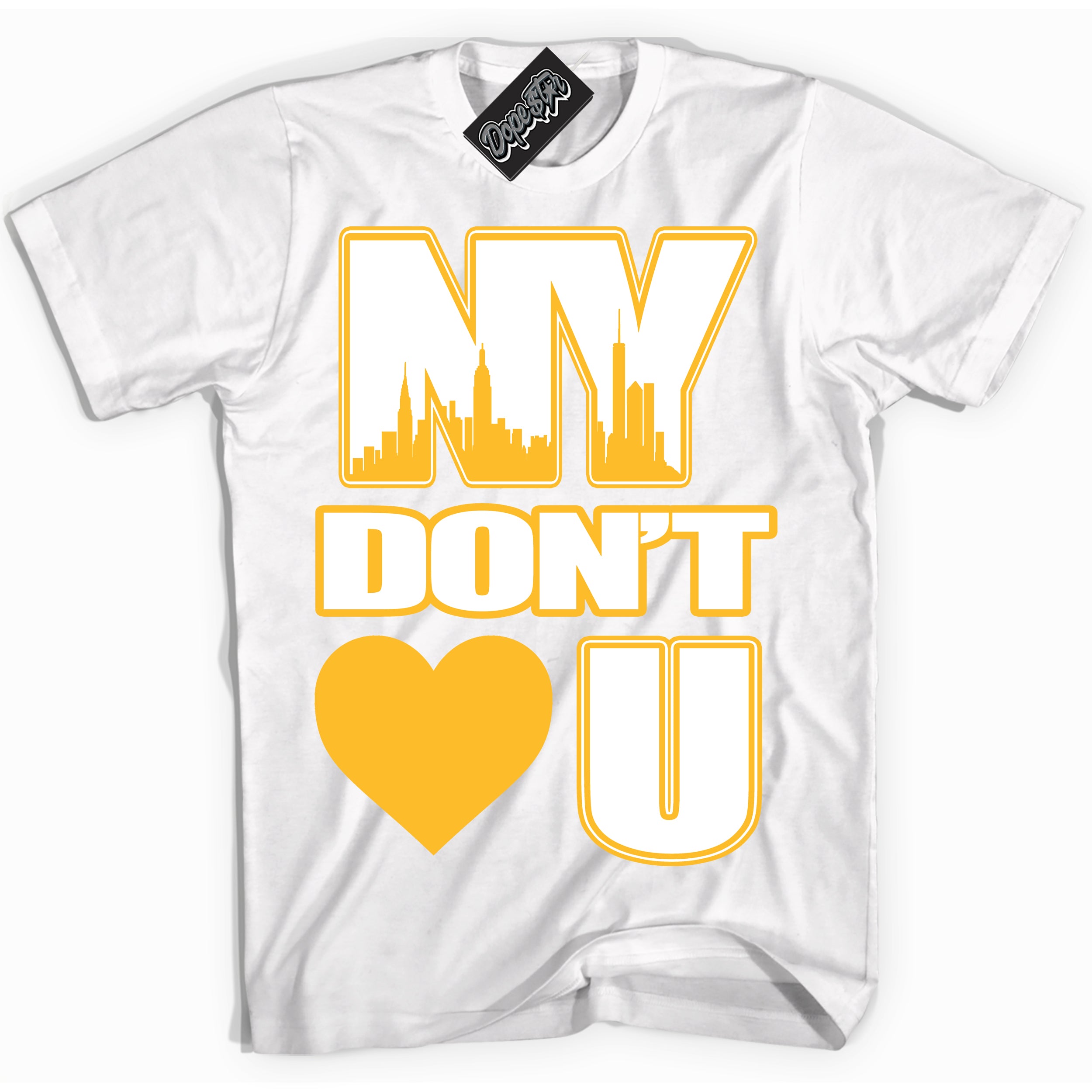 Cool White Shirt with “ NY Don't Love You ” design that perfectly matches White University Gold Sneakers.