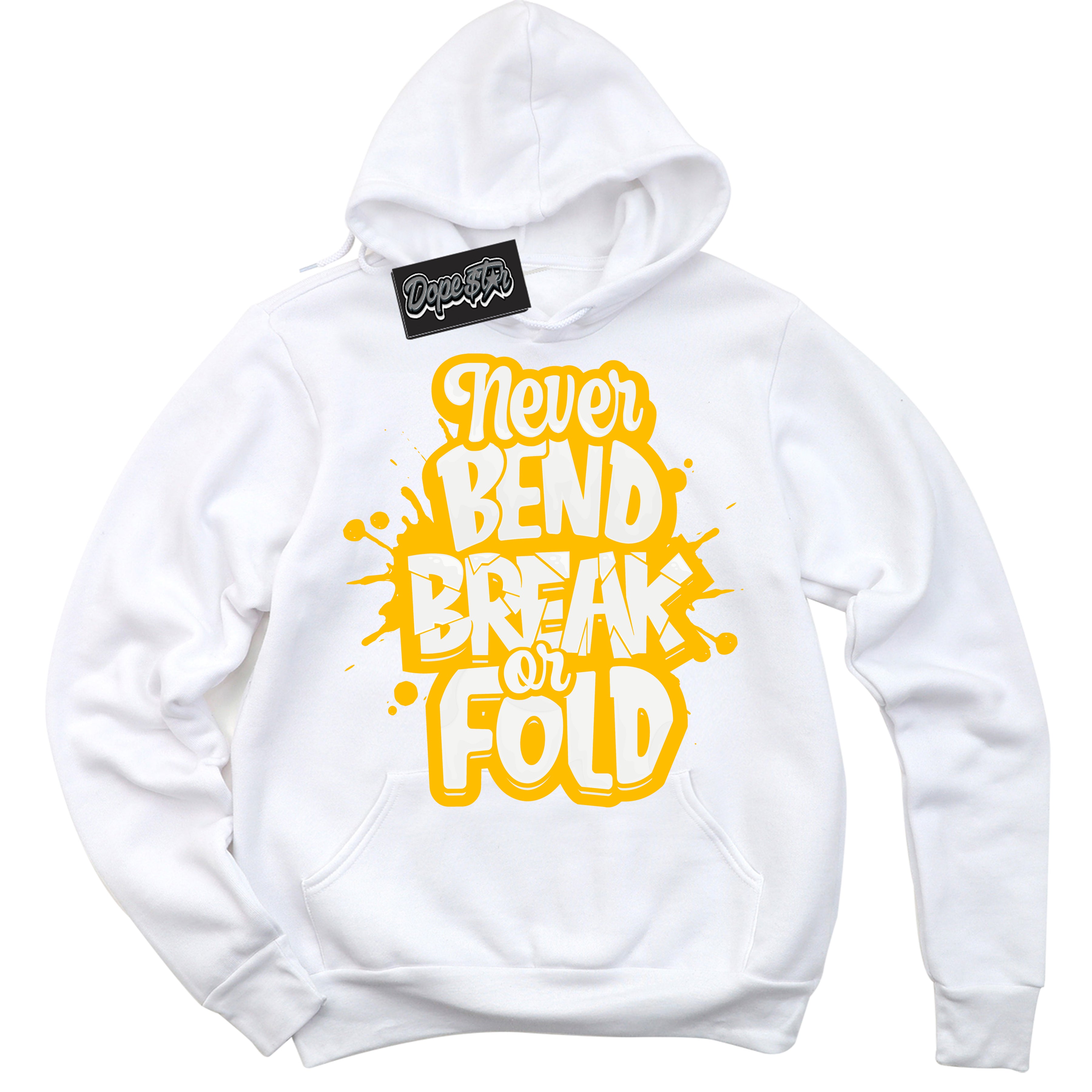 Cool White Hoodie with “ Never Bend Break Or Fold '' design that Perfectly Matches  White University Gold Sneakers.