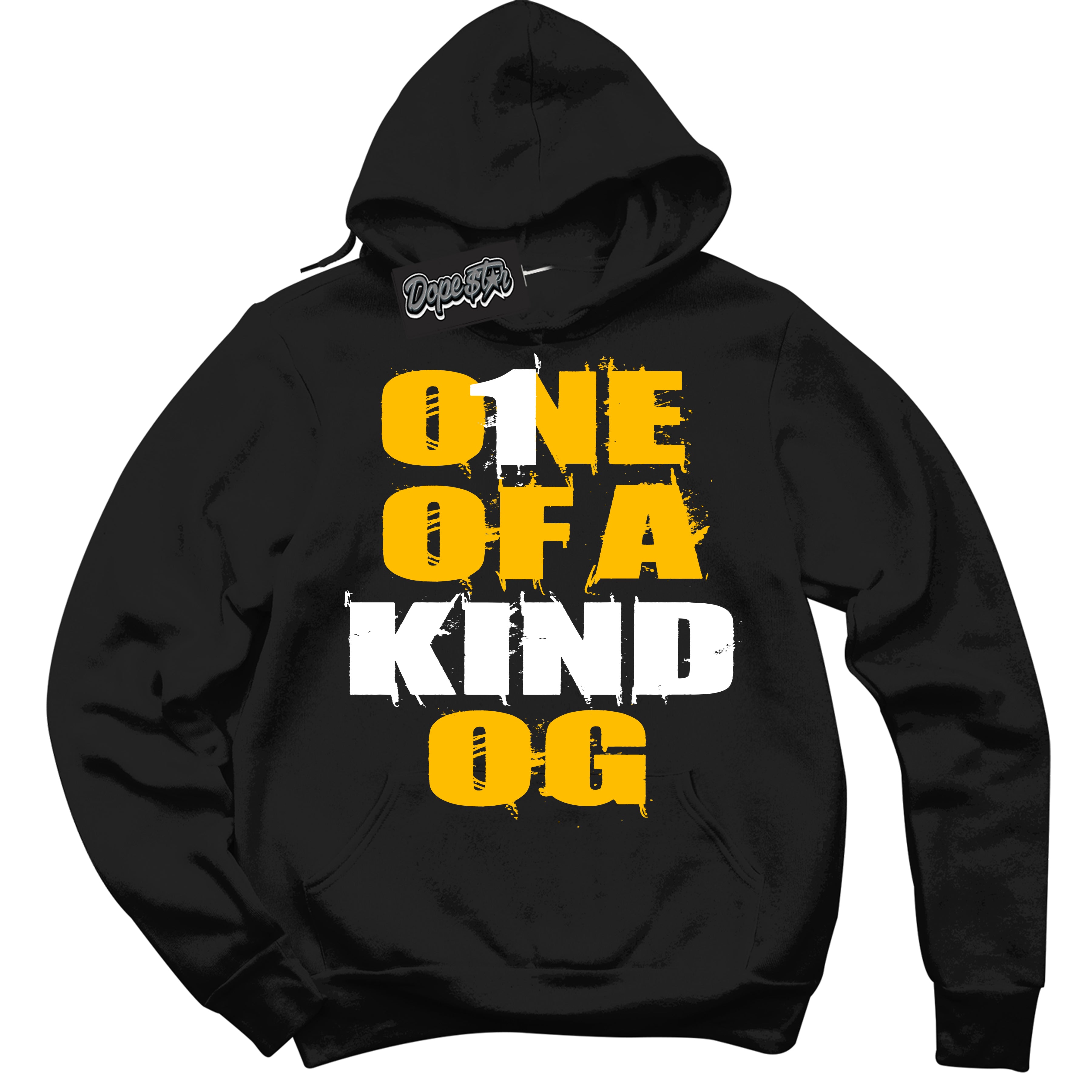 Cool Black Hoodie with “ One Of A Kind '' design that Perfectly Matches  White University Gold Sneakers.