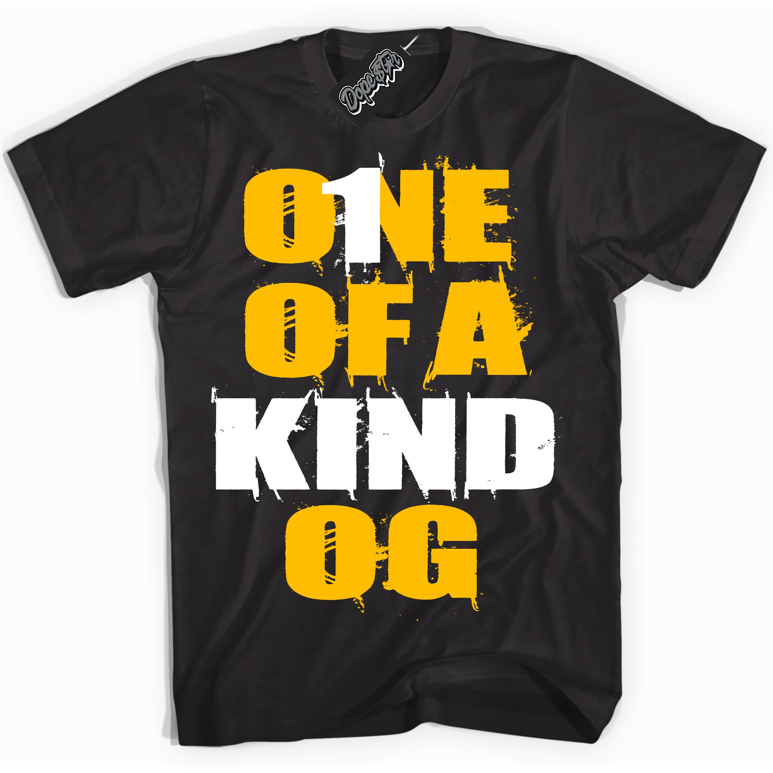 Cool White Shirt with “ One Of A Kind ” design that perfectly matches Black University Gold Sneakers.