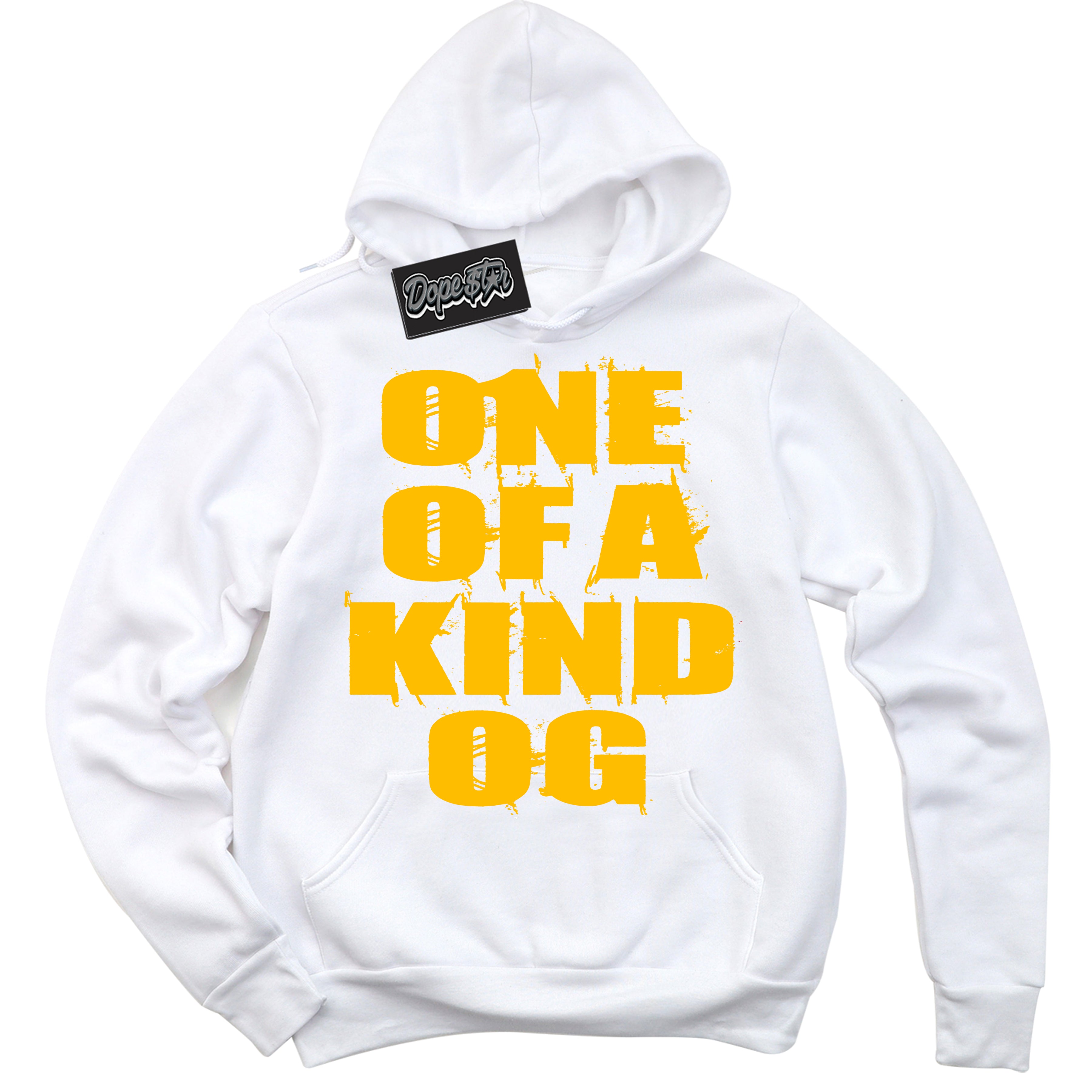 Cool White Hoodie with “ One Of A Kind '' design that Perfectly Matches  White University Gold Sneakers.