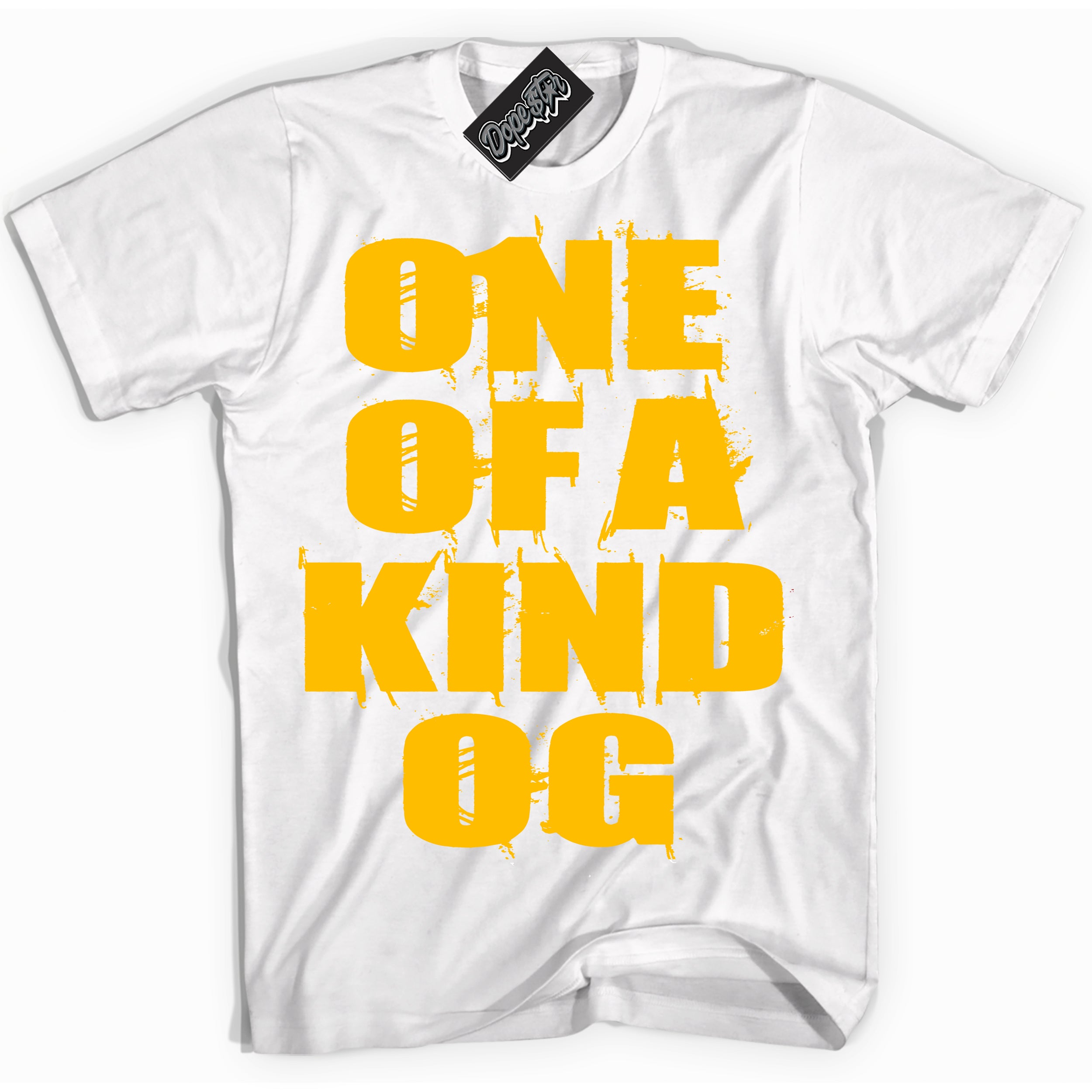 Cool White Shirt with “ One Of A Kind ” design that perfectly matches White University Gold Sneakers.