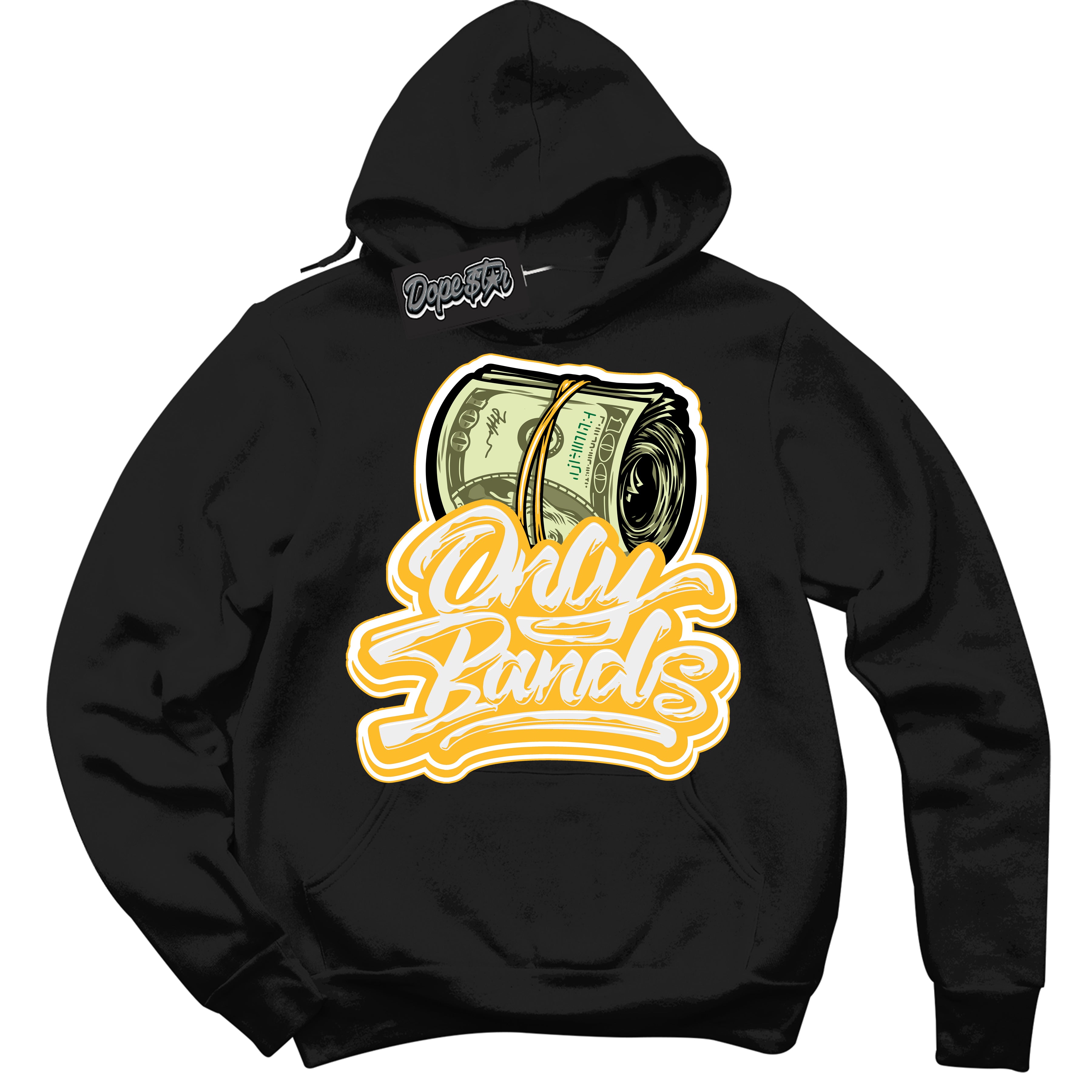 Cool Black Hoodie with “ Only Bands '' design that Perfectly Matches  White University Gold Sneakers.