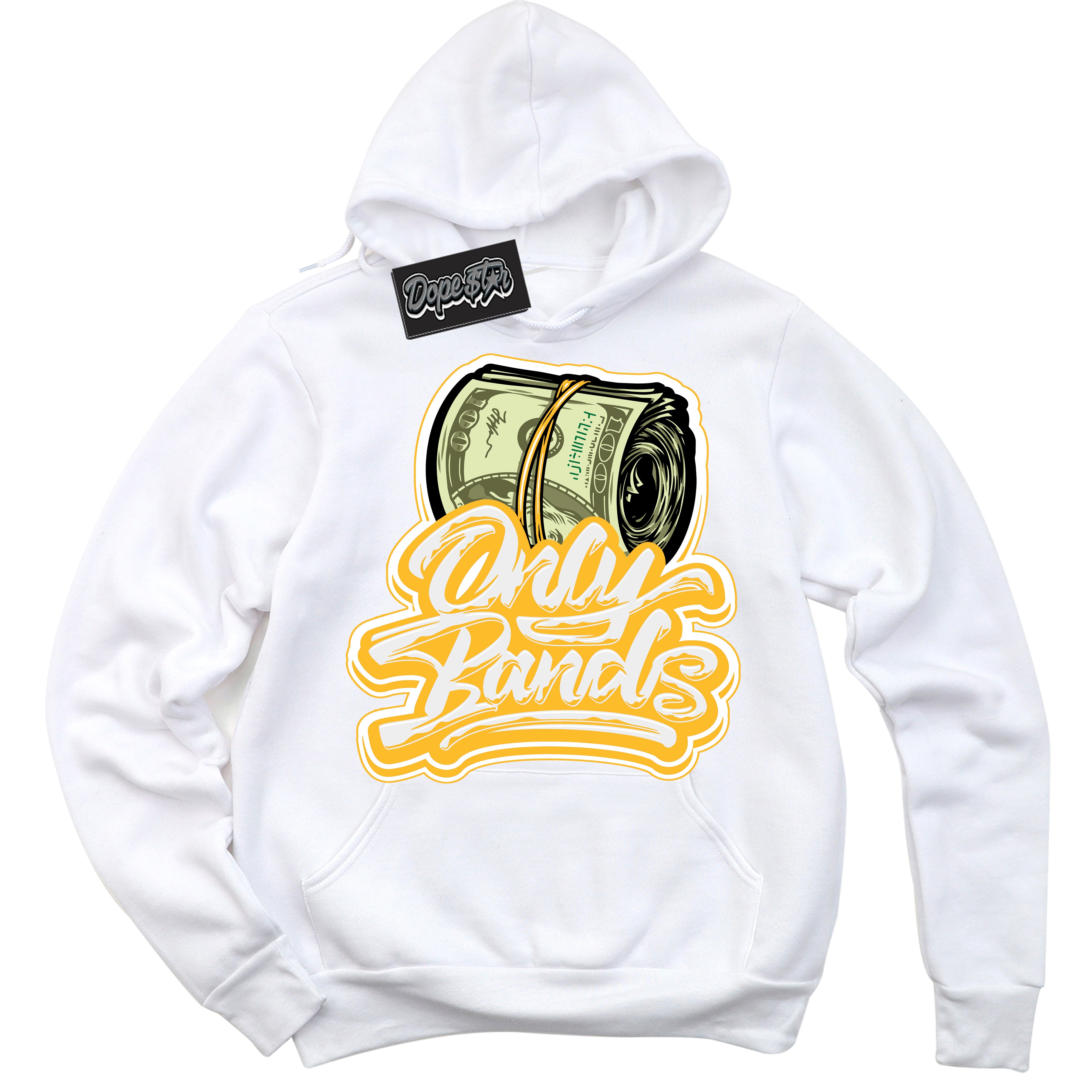 Cool White Hoodie with “ Only Bands '' design that Perfectly Matches  White University Gold Sneakers.