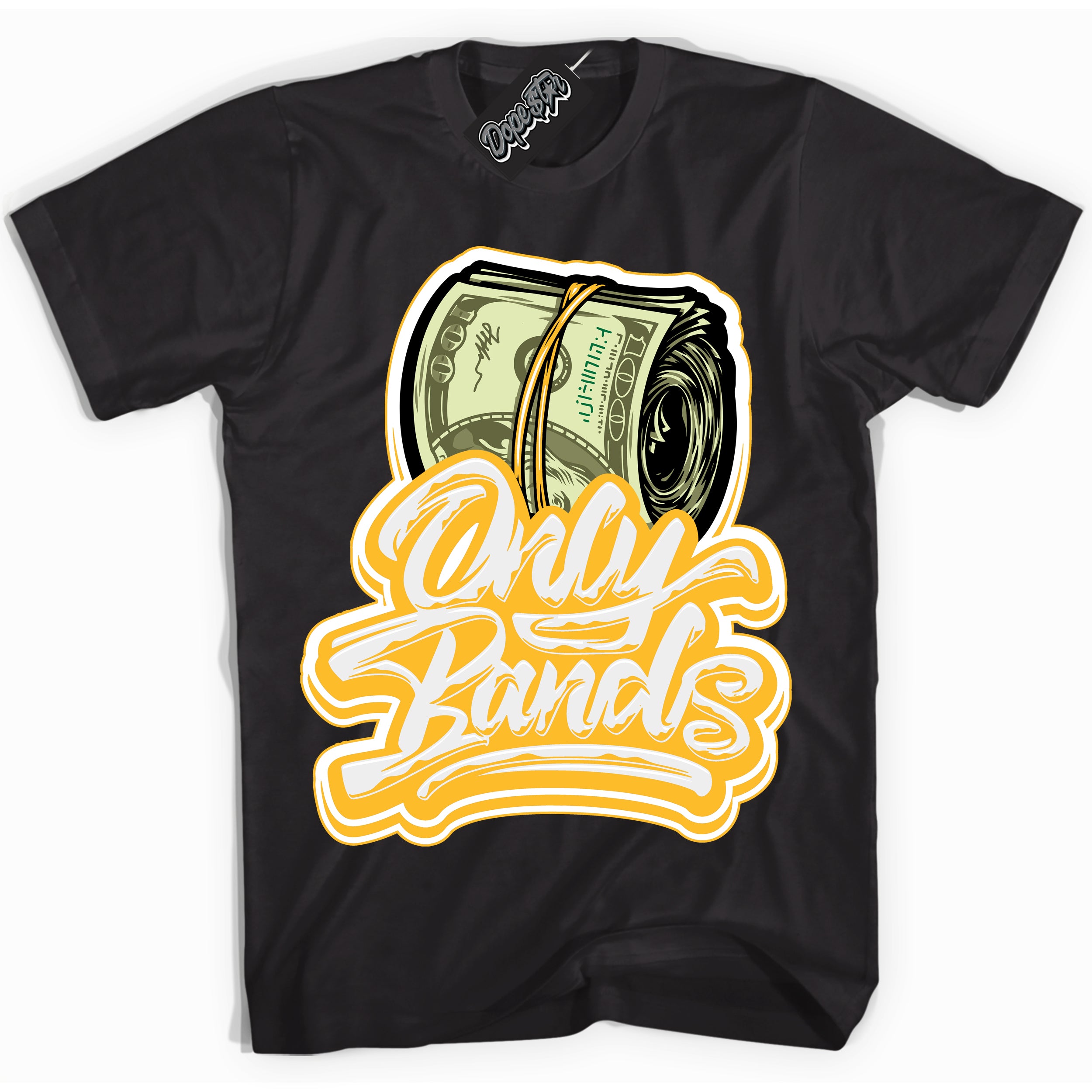 Cool Black Shirt with “ Only Bands ” design that perfectly matches White University Gold Sneakers.