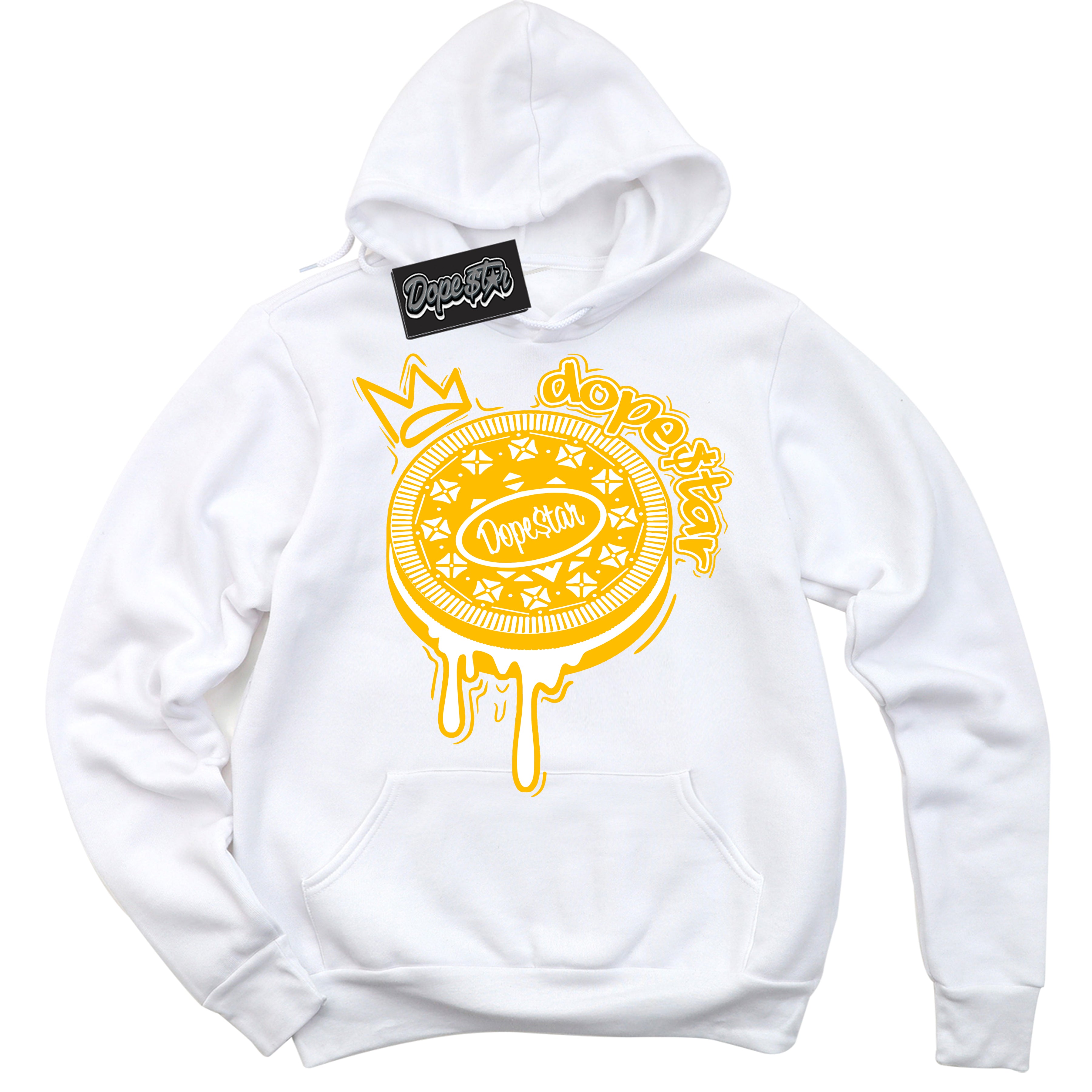 Cool White Hoodie with “ Oreo DS '' design that Perfectly Matches  White University Gold Sneakers.