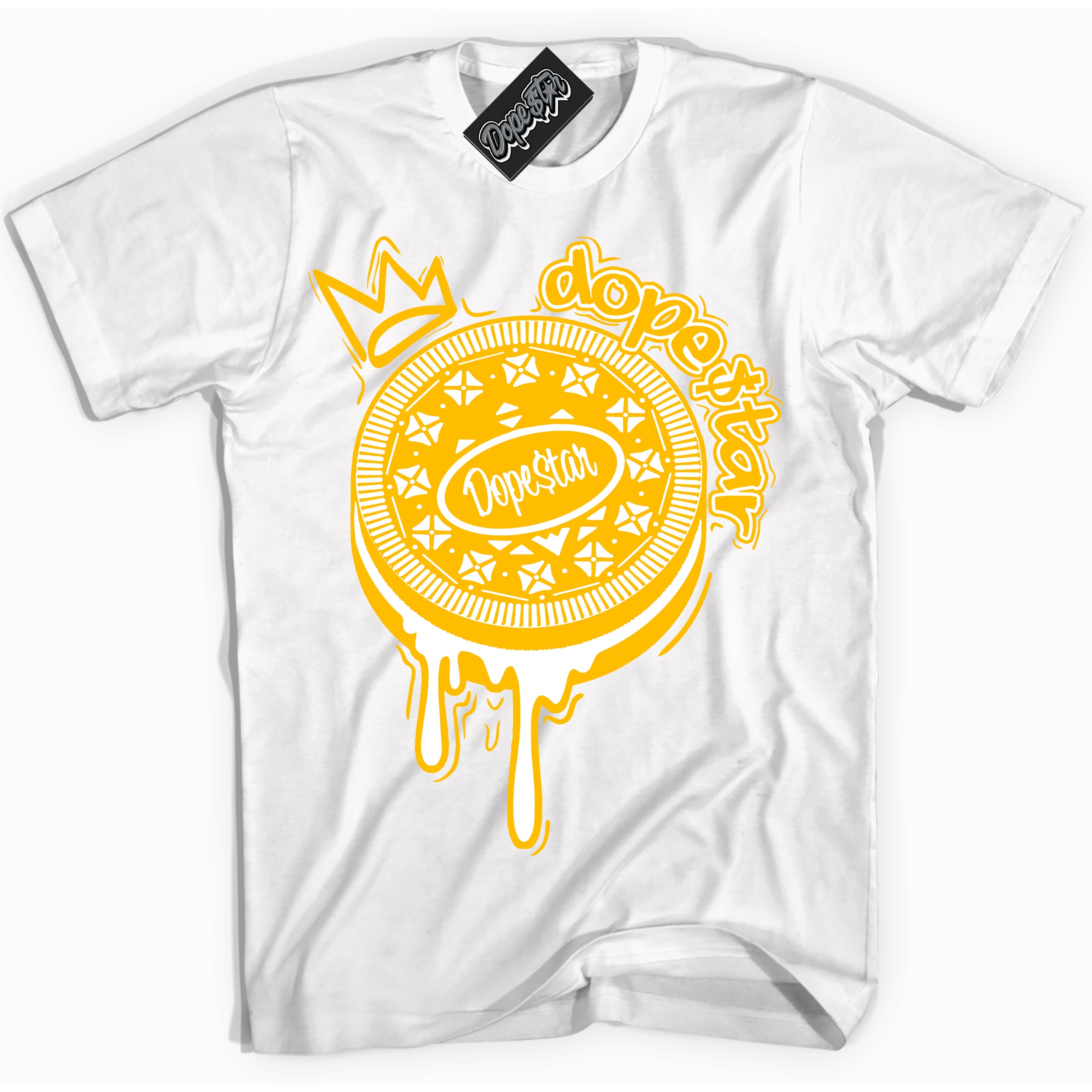 Cool White Shirt with “ Oreo DS ” design that perfectly matches White University Gold Sneakers.