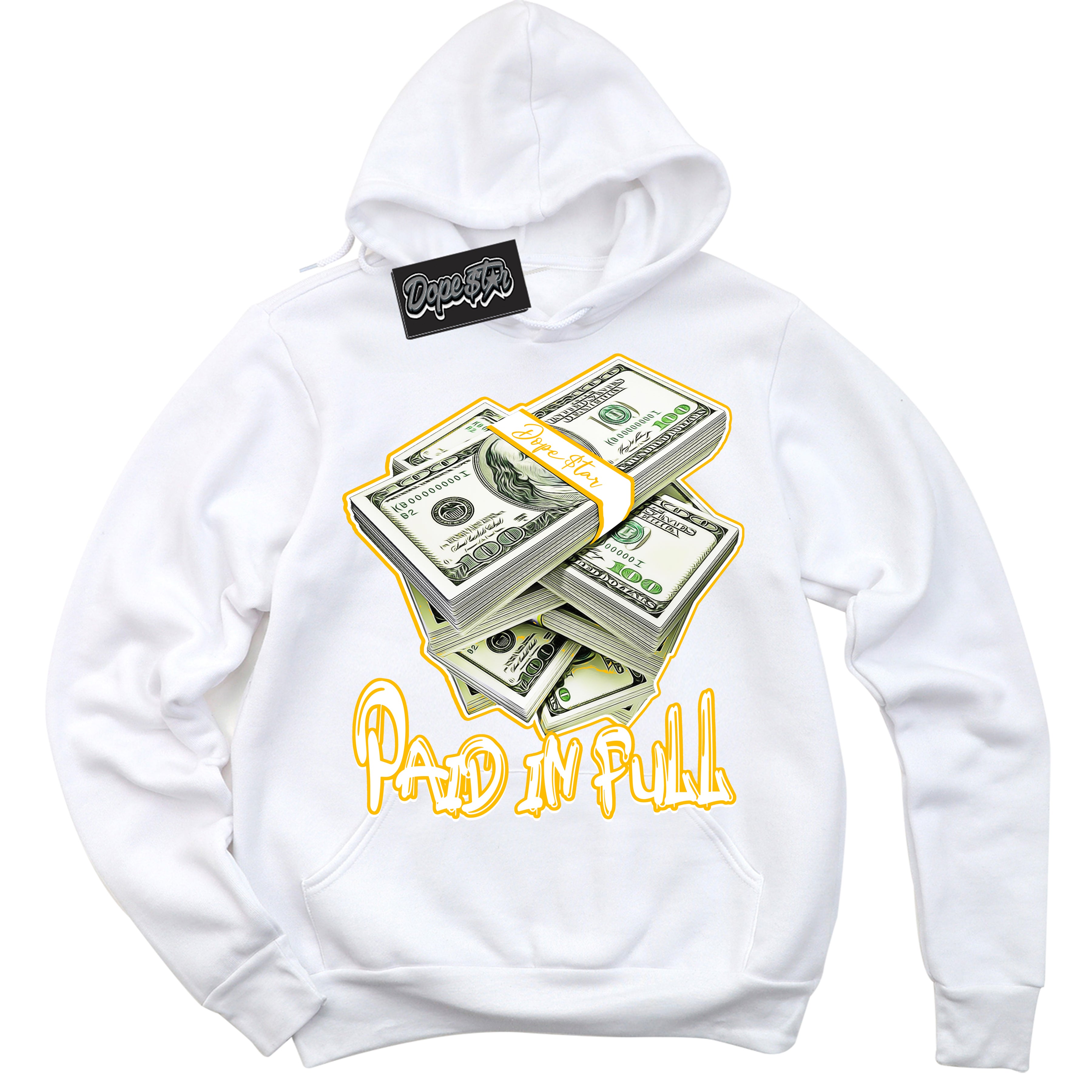 Cool White Hoodie with “ Paid In Full '' design that Perfectly Matches  White University Gold Sneakers.