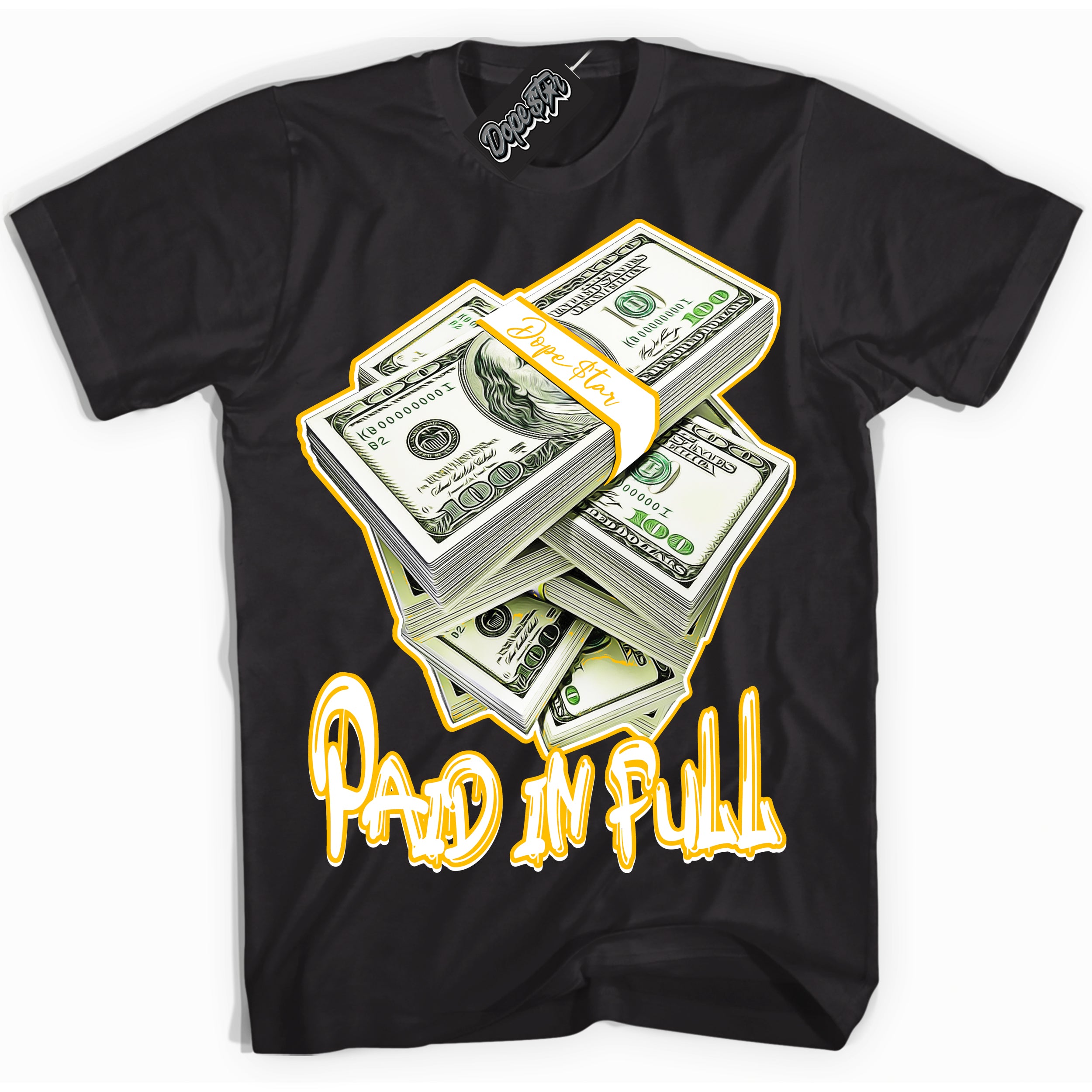 Cool Black Shirt with “ Paid In Full ” design that perfectly matches White University Gold Sneakers.