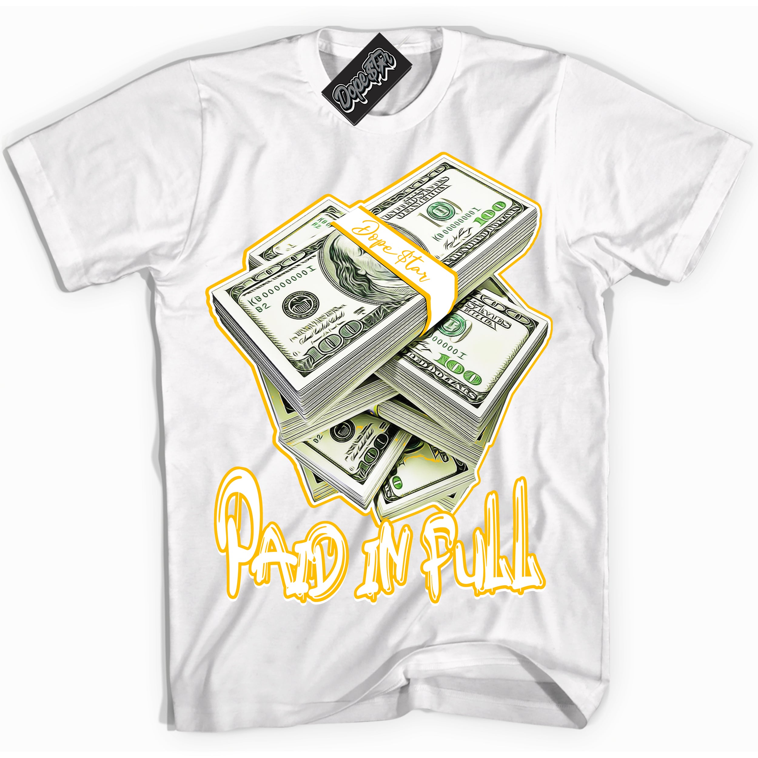 Cool White Shirt with “ Paid In Full ” design that perfectly matches White University Gold Sneakers.