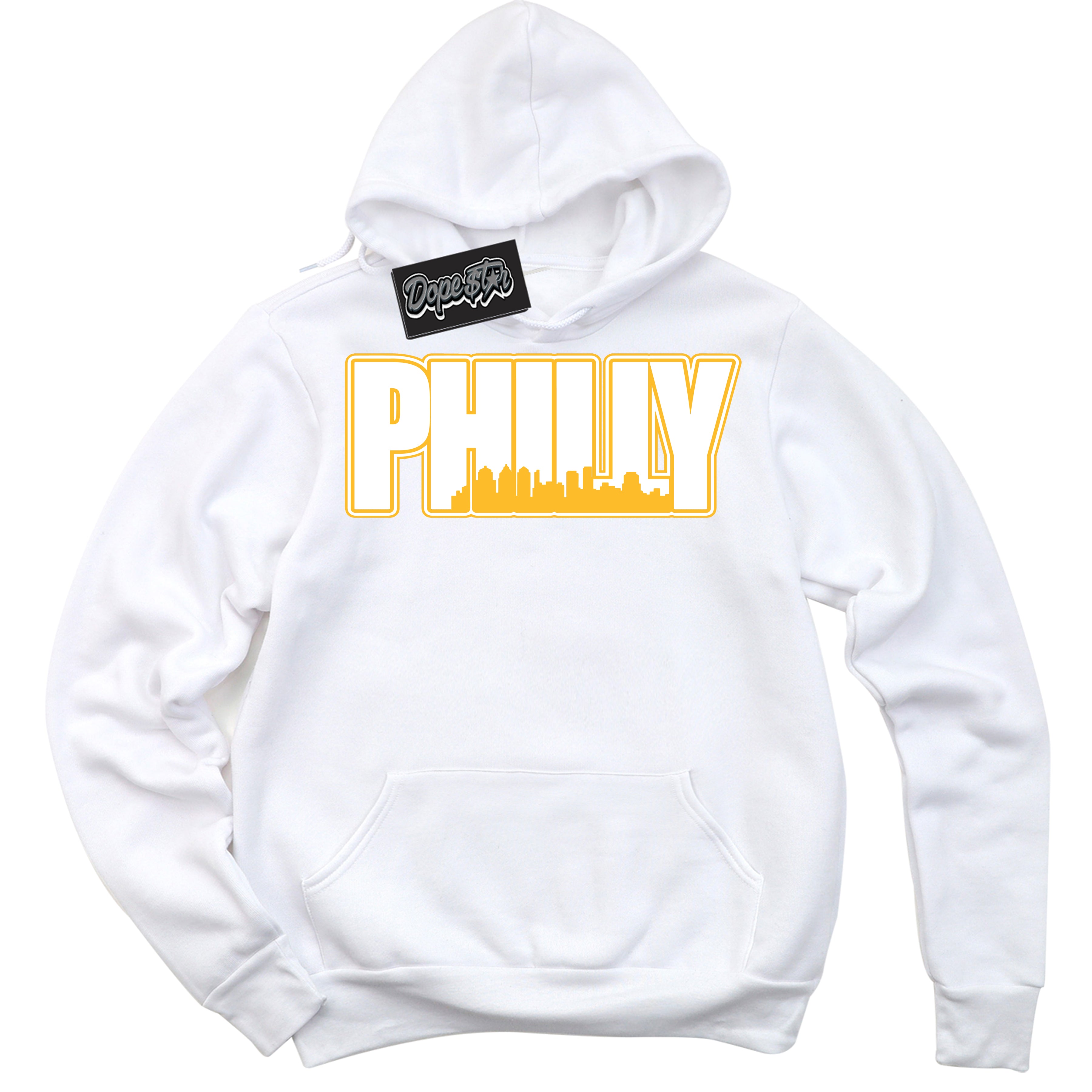 Cool White Hoodie with “ Philly '' design that Perfectly Matches  White University Gold Sneakers.