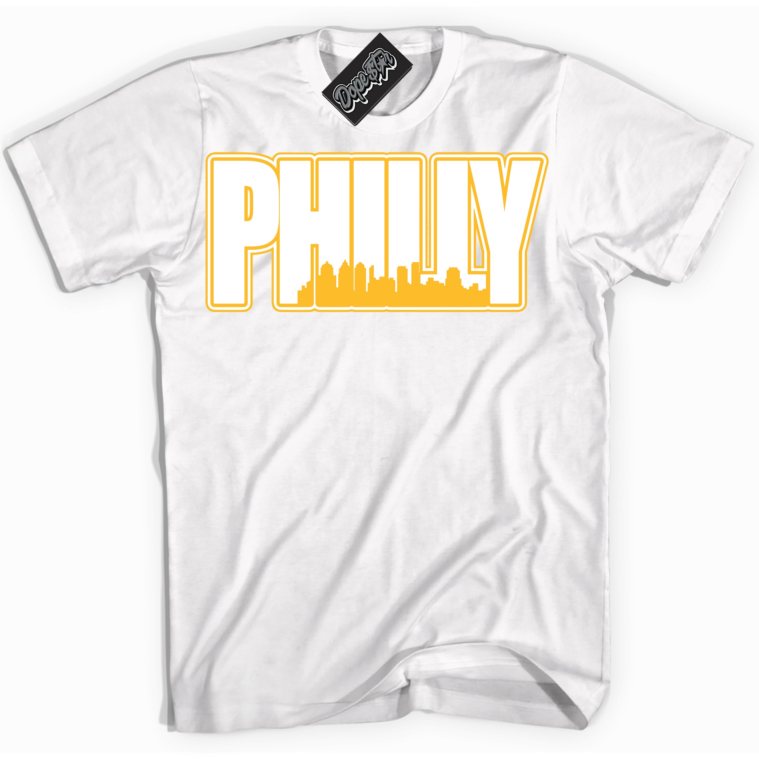 Cool White Shirt with “ Philly ” design that perfectly matches White University Gold Sneakers.