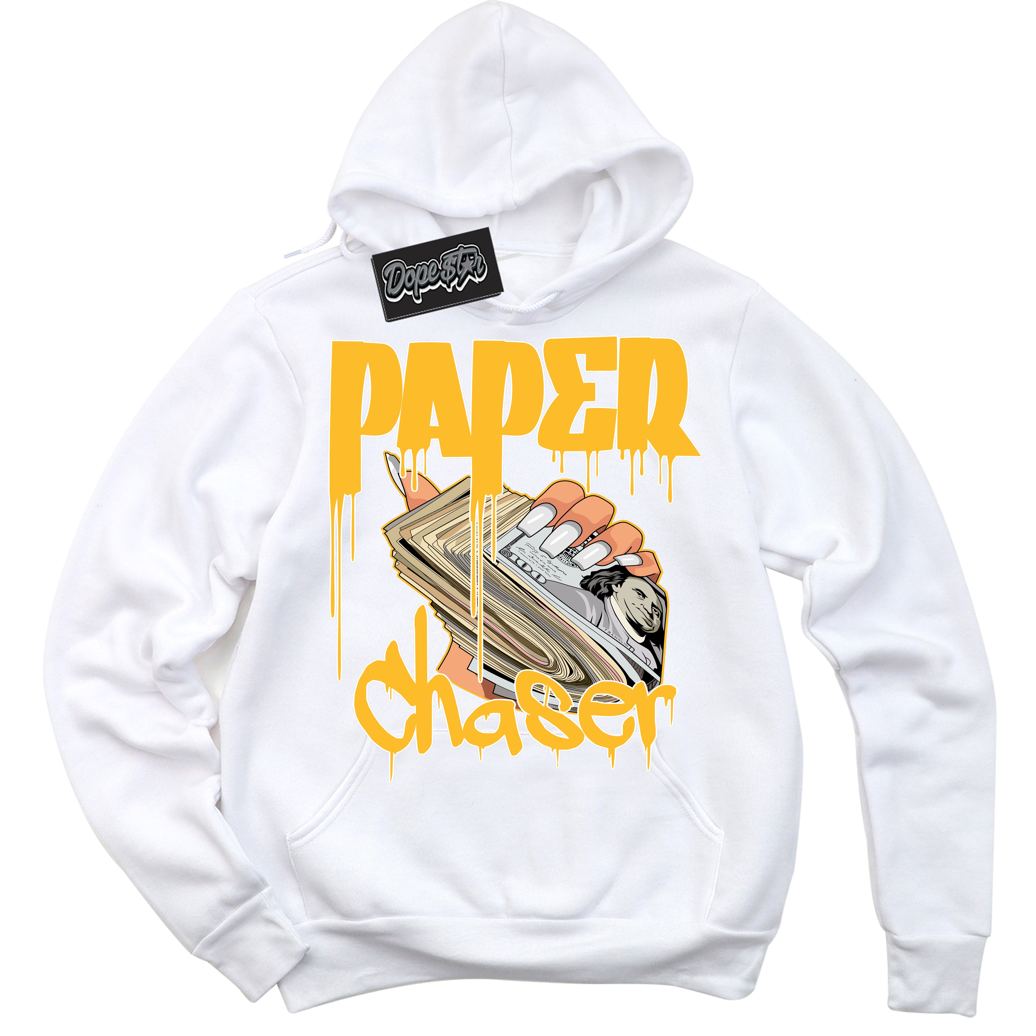 Cool White Hoodie with “ Paper Chaser '' design that Perfectly Matches  White University Gold Sneakers.