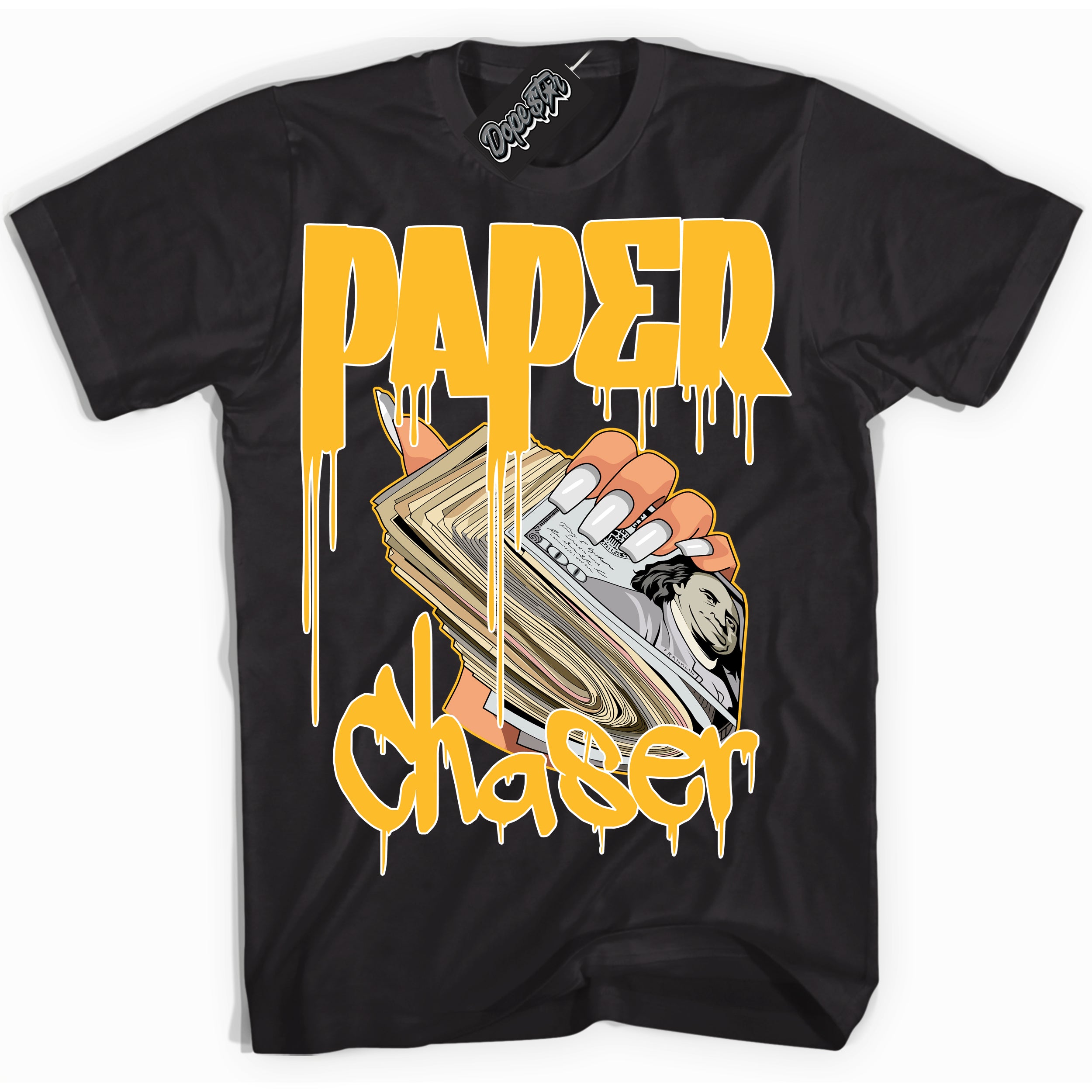 Cool Black Shirt with “ Paper Chaser ” design that perfectly matches White University Gold Sneakers.