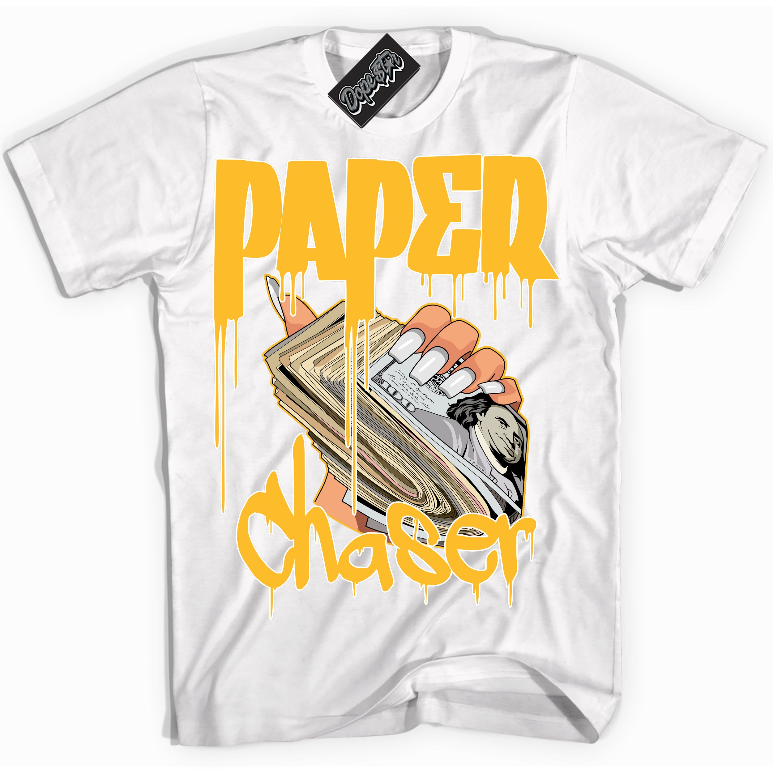 Cool White Shirt with “ Paper Chaser ” design that perfectly matches White University Gold Sneakers.