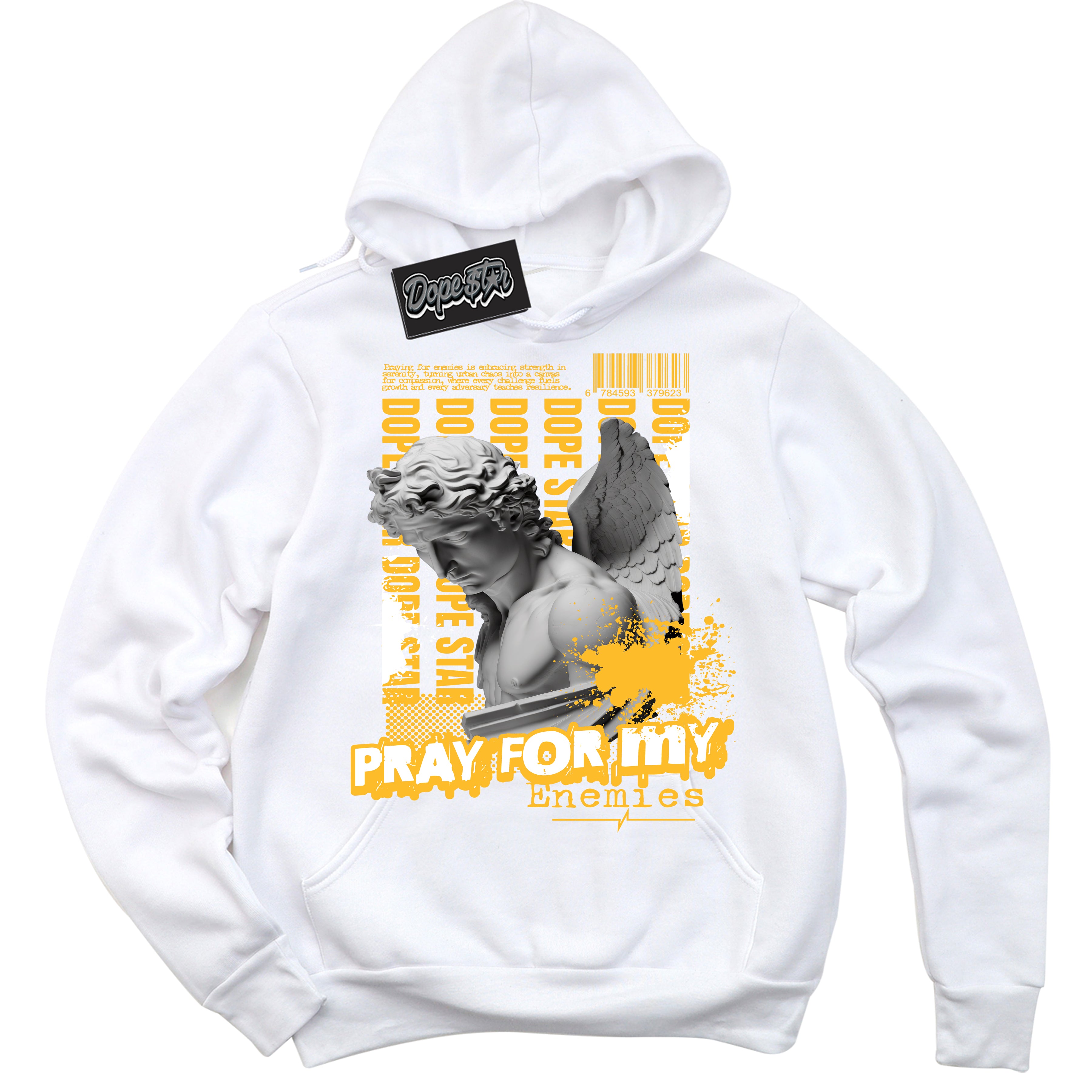 Cool White Hoodie with “ Pray Enemies ”  design that Perfectly Matches White University Gold Sneakers.