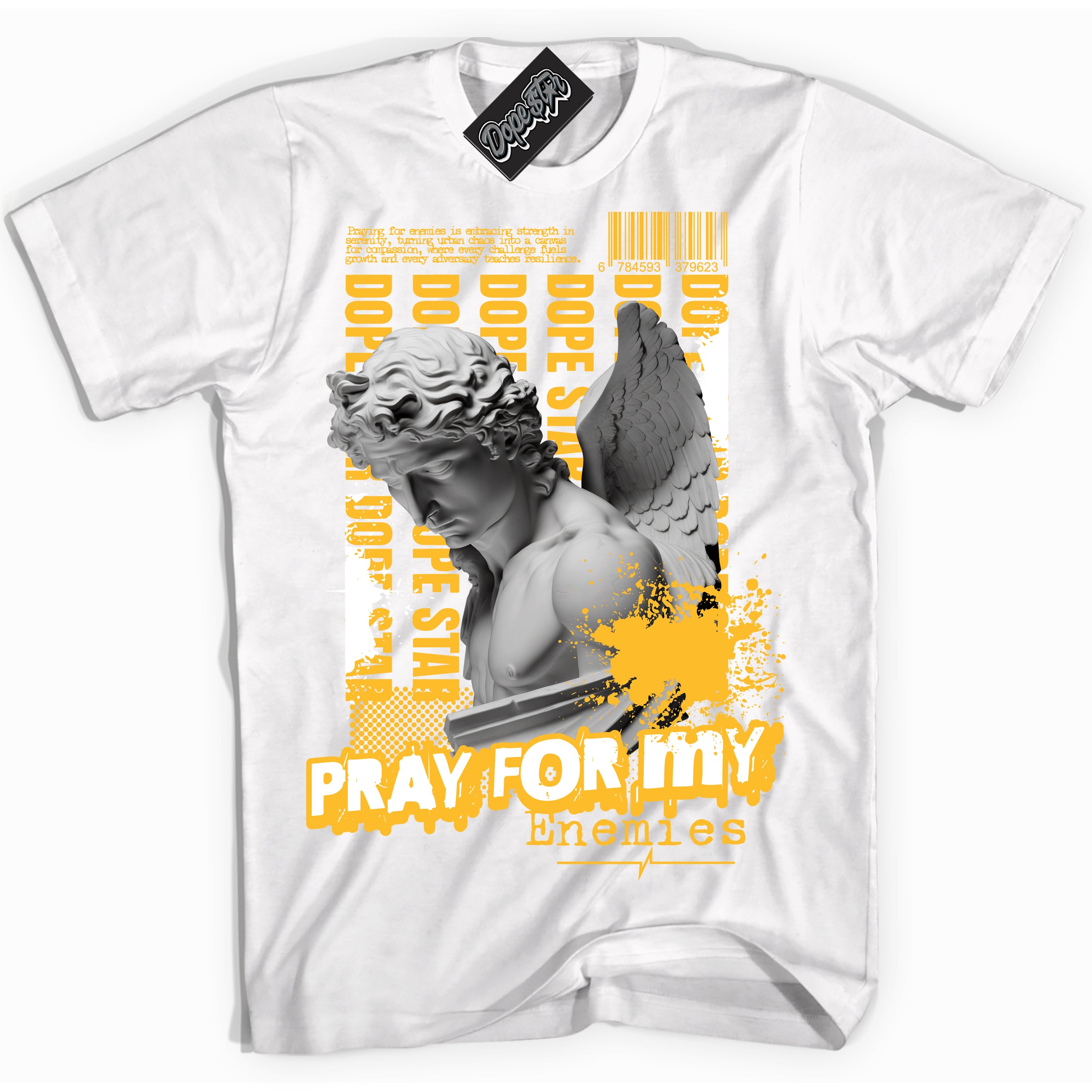 Cool White Shirt with “ Pray Enemies” design that perfectly matches White University Gold Sneakers.