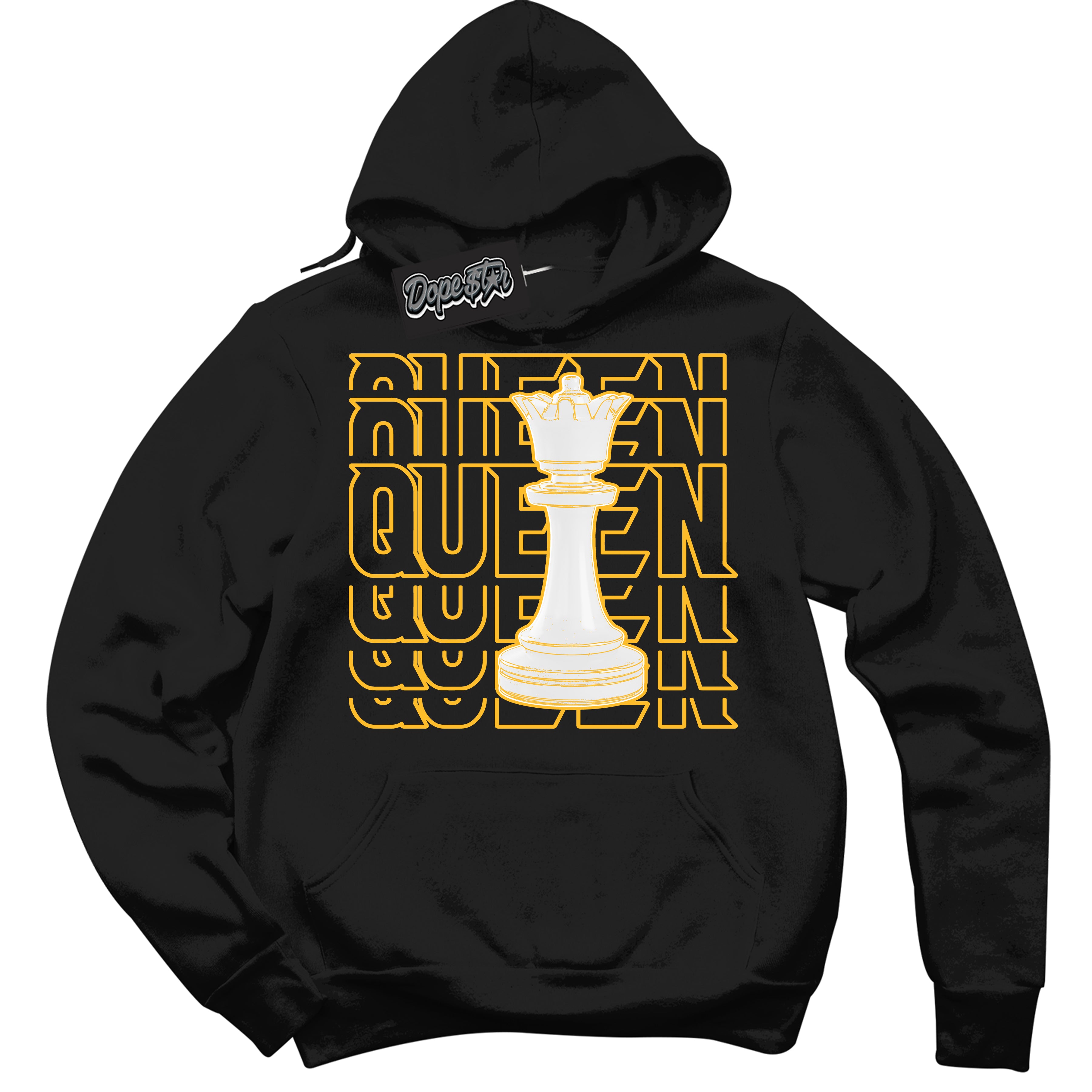 Cool Black Hoodie with “ Queen Chess '' design that Perfectly Matches  White University Gold Sneakers.