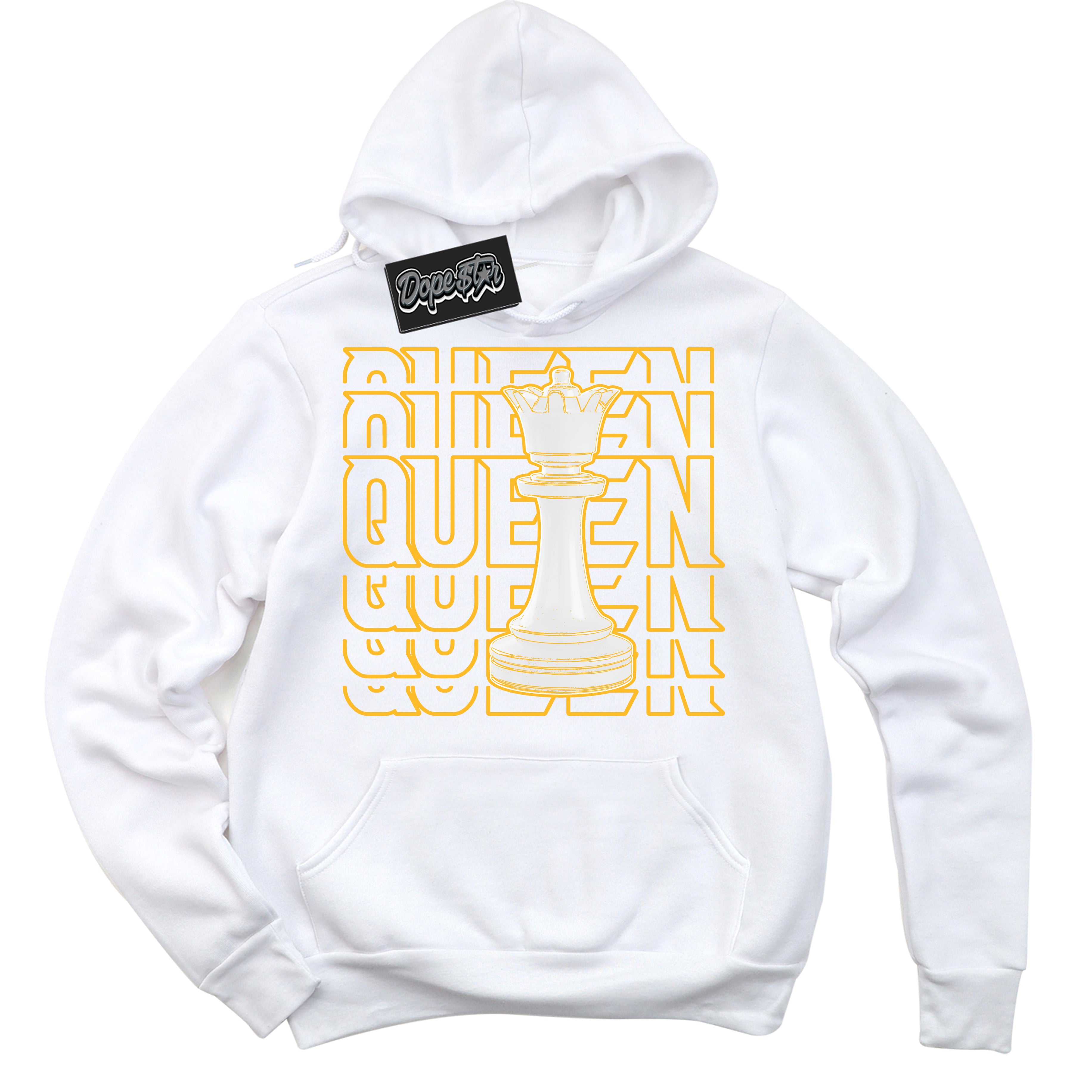 Cool White Hoodie with “ Queen Chess '' design that Perfectly Matches  White University Gold Sneakers.