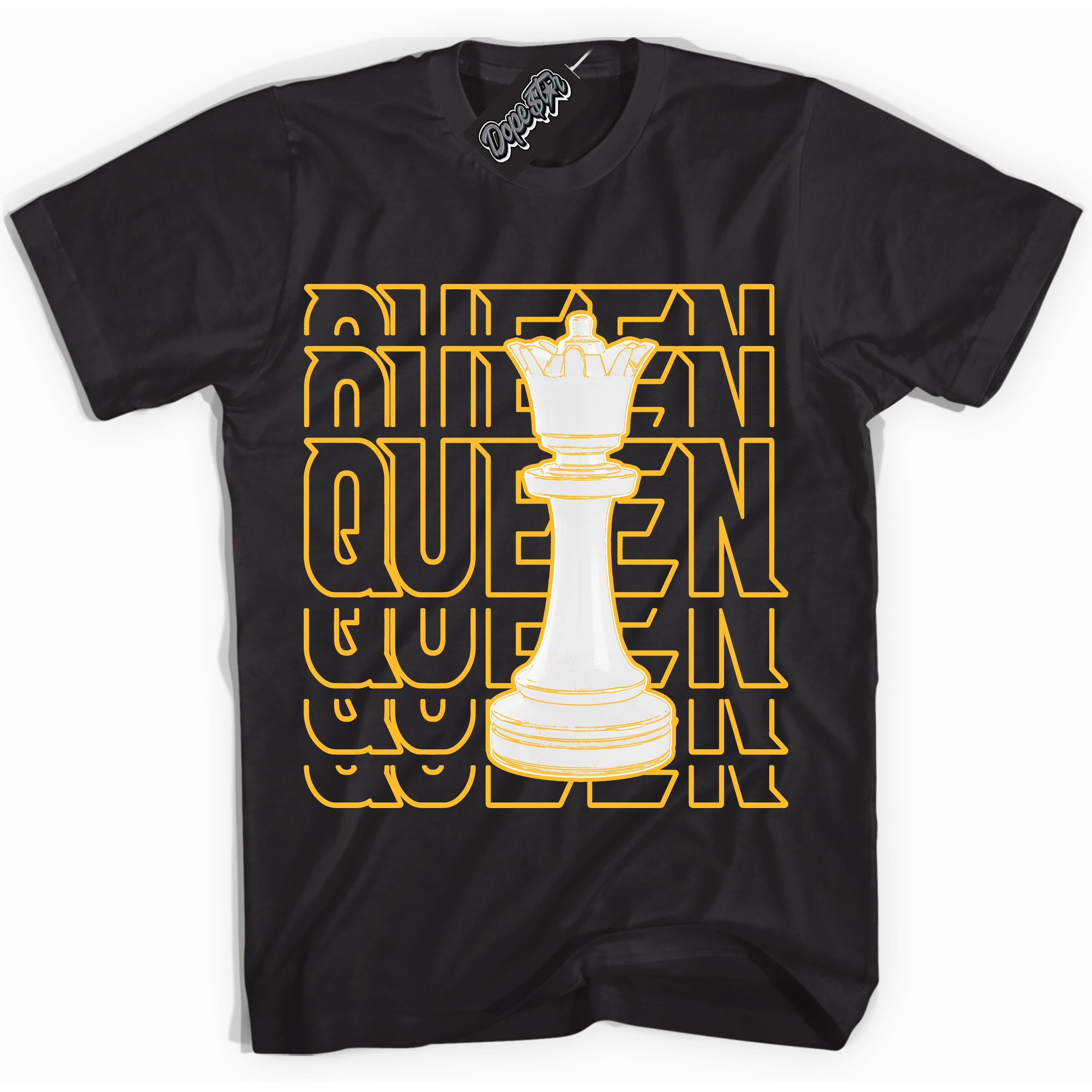 Cool Black Shirt with “ Queen Chess ” design that perfectly matches White University Gold Sneakers.