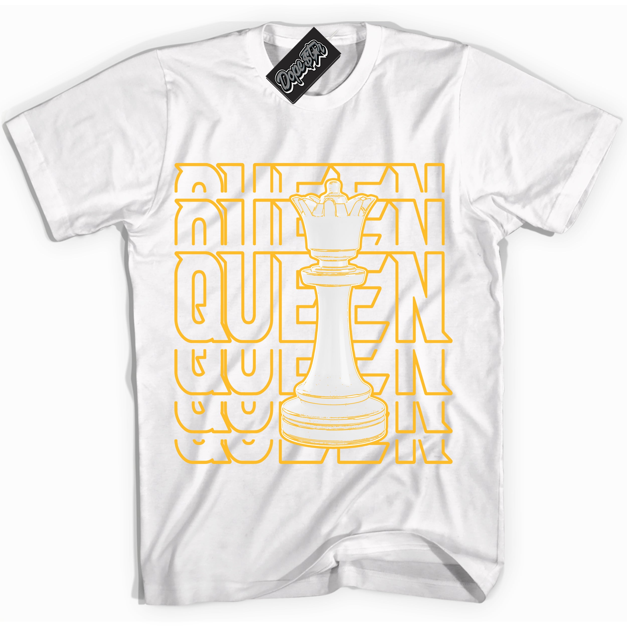 Cool White Shirt with “ Queen Chess ” design that perfectly matches White University Gold Sneakers.