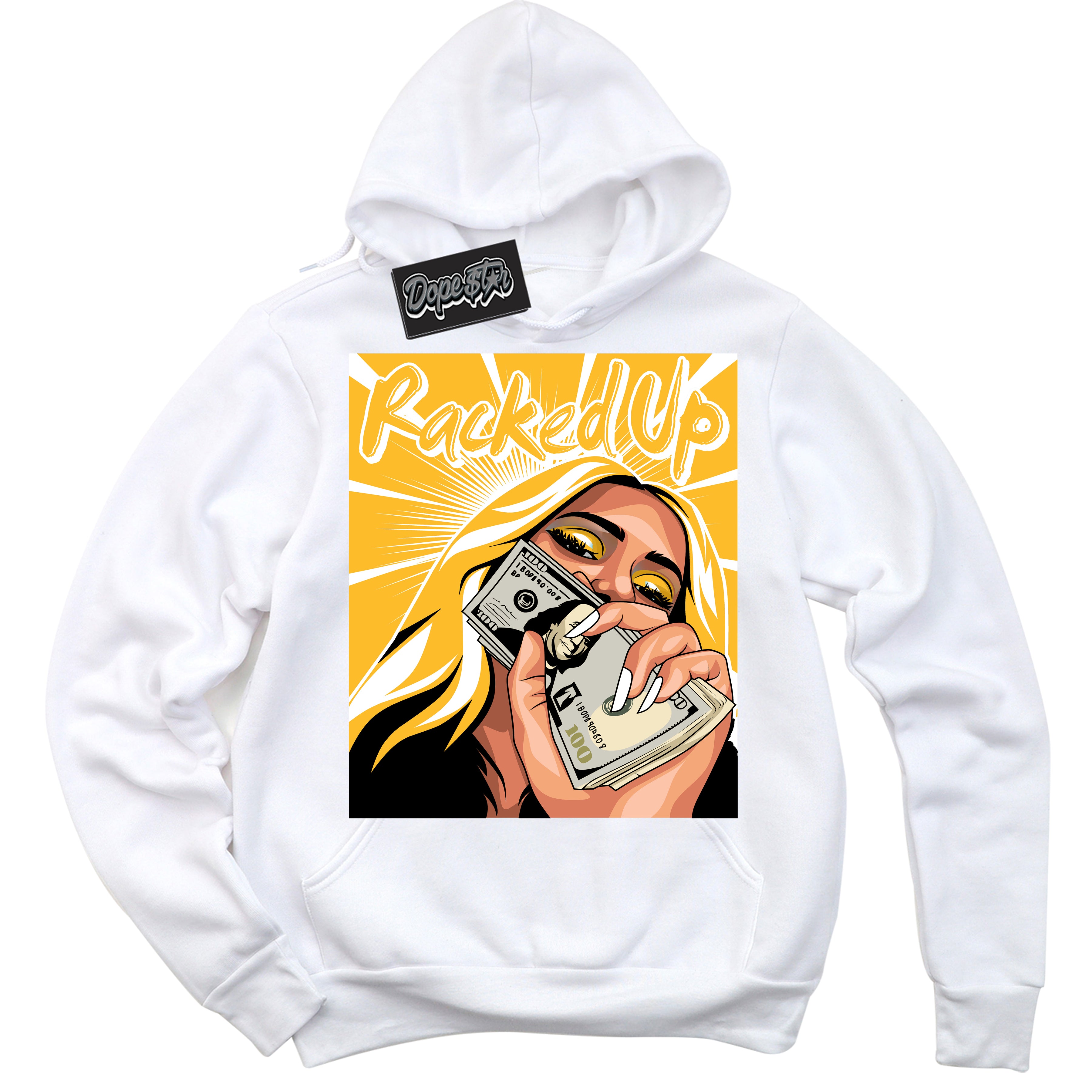 Cool White Hoodie with “ Racked Up '' design that Perfectly Matches  White University Gold Sneakers.