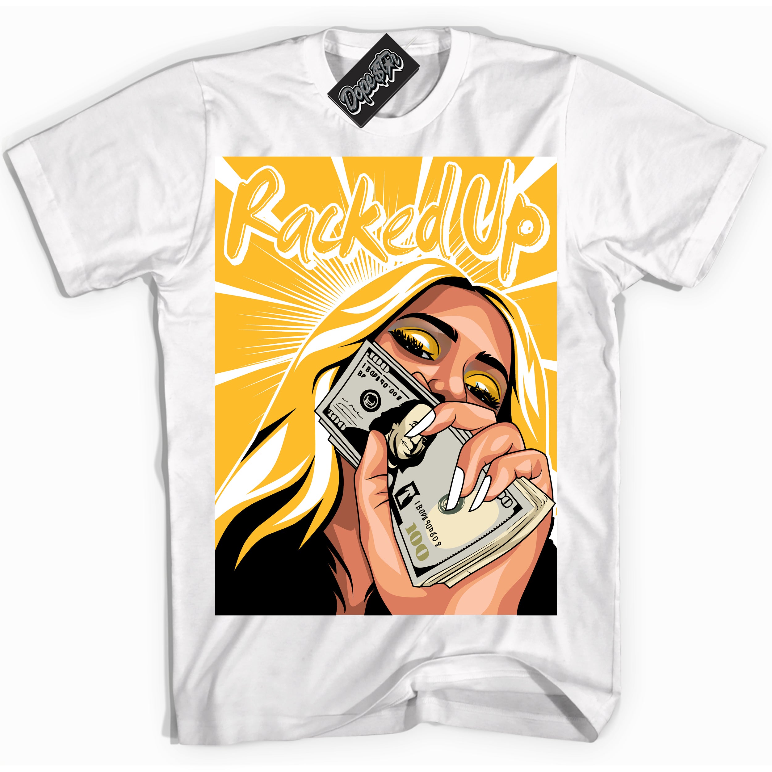 Cool White Shirt with “ Racked Up ” design that perfectly matches White University Gold Sneakers.