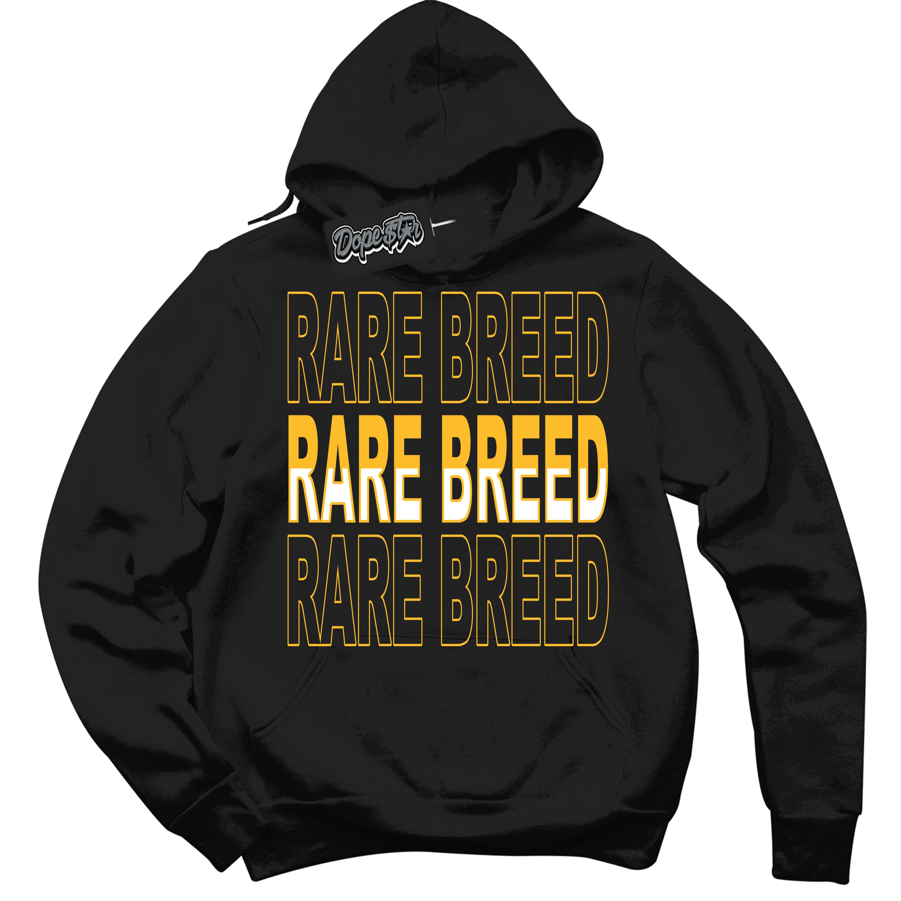 Cool Black Hoodie with “ Rare Breed '' design that Perfectly Matches  White University Gold Sneakers.