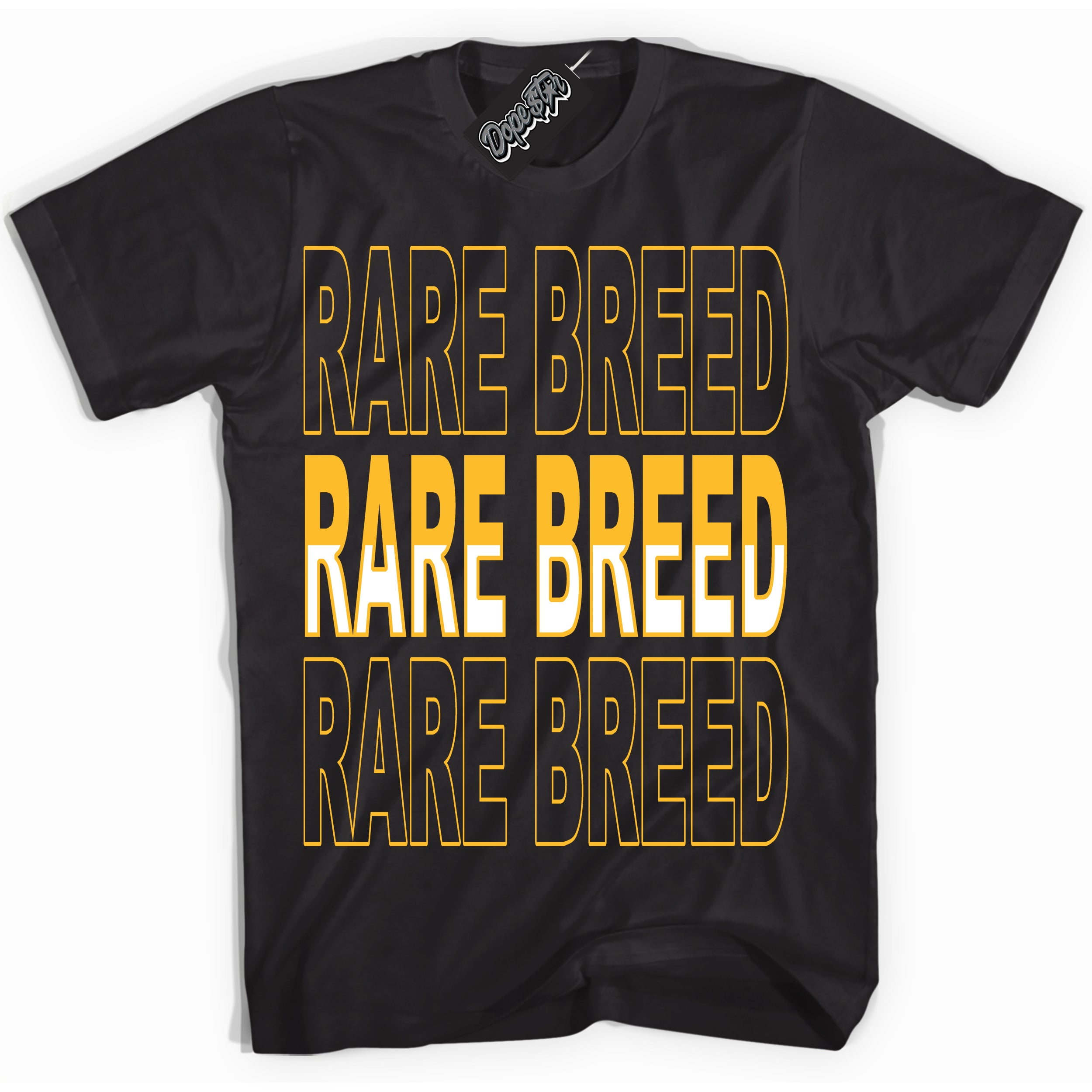 Cool Black Shirt with “ Rare Breed ” design that perfectly matches White University Gold Sneakers.