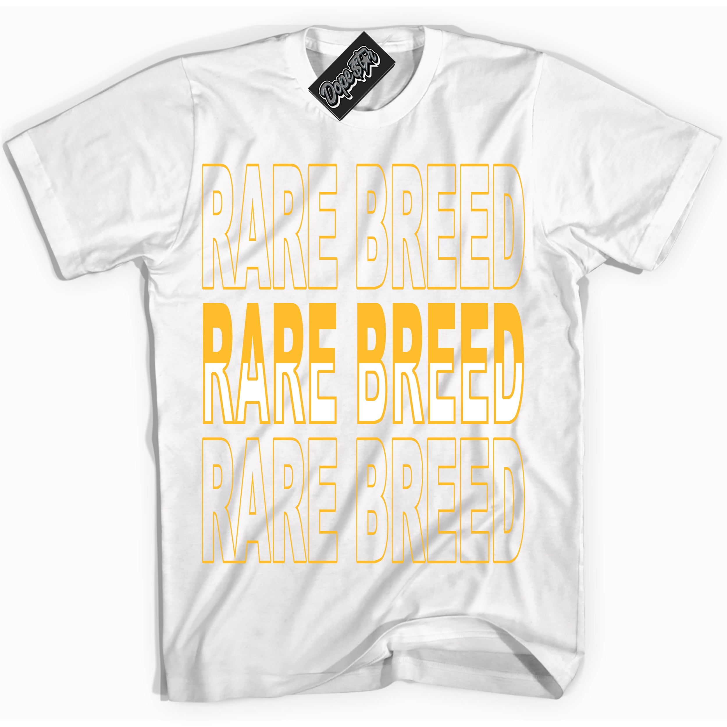 Cool White Shirt with “ Rare Breed ” design that perfectly matches White University Gold Sneakers.