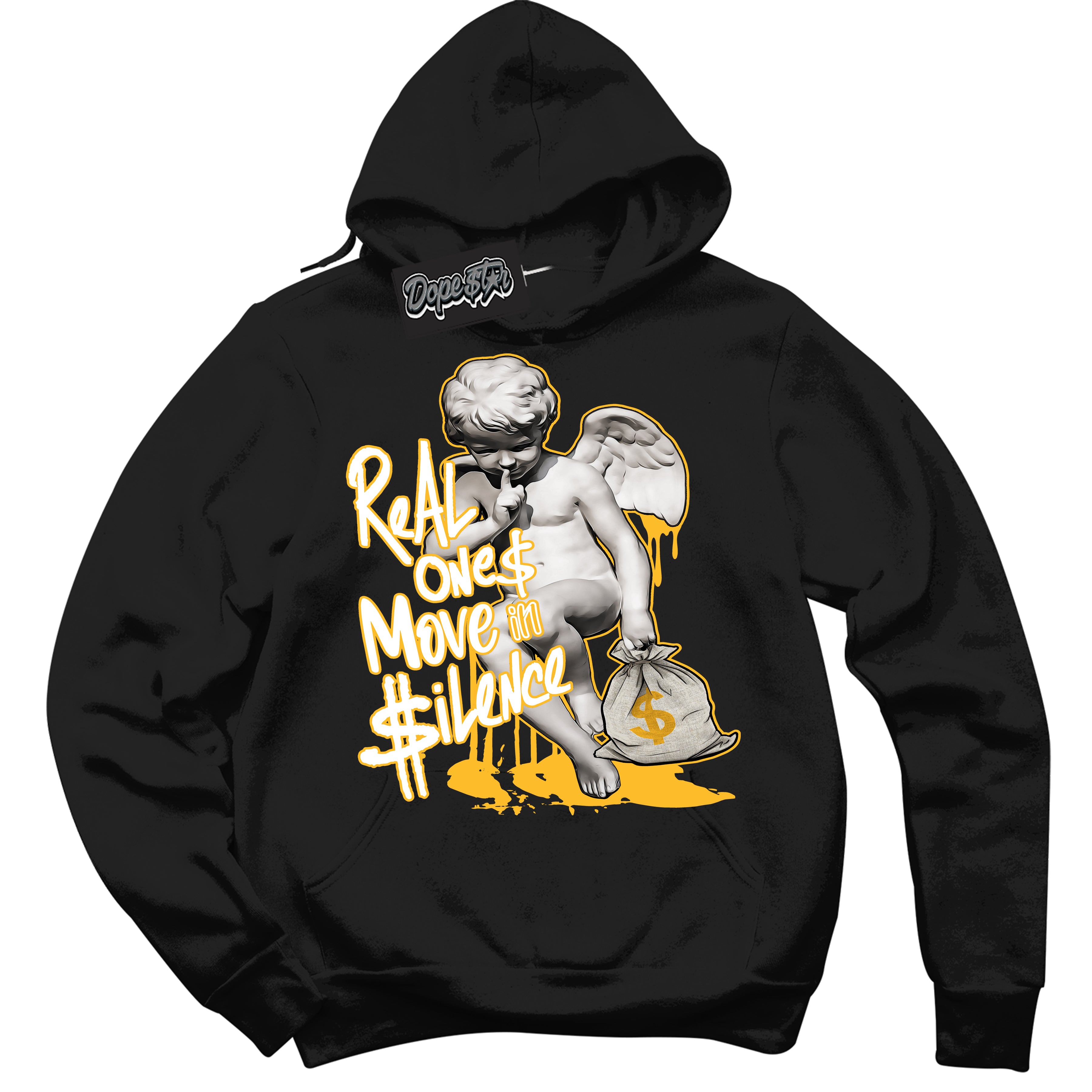 Cool Black Hoodie with “ Real Ones Cherub '' design that Perfectly Matches  White University Gold Sneakers.