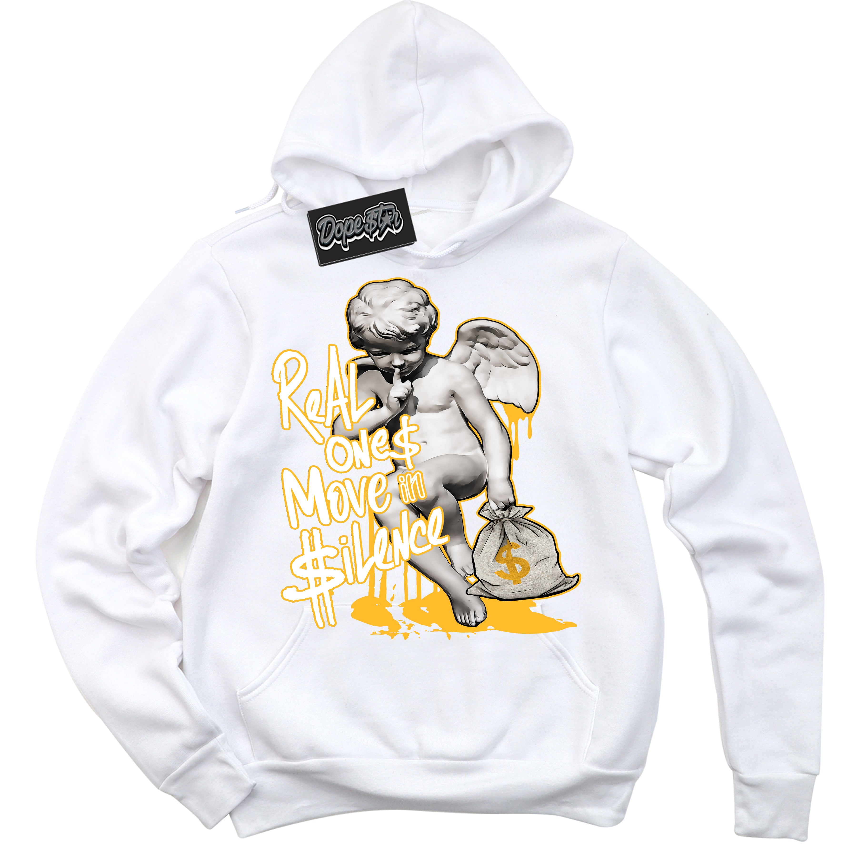 Cool White Hoodie with “ Real Ones Cherub '' design that Perfectly Matches  White University Gold Sneakers.