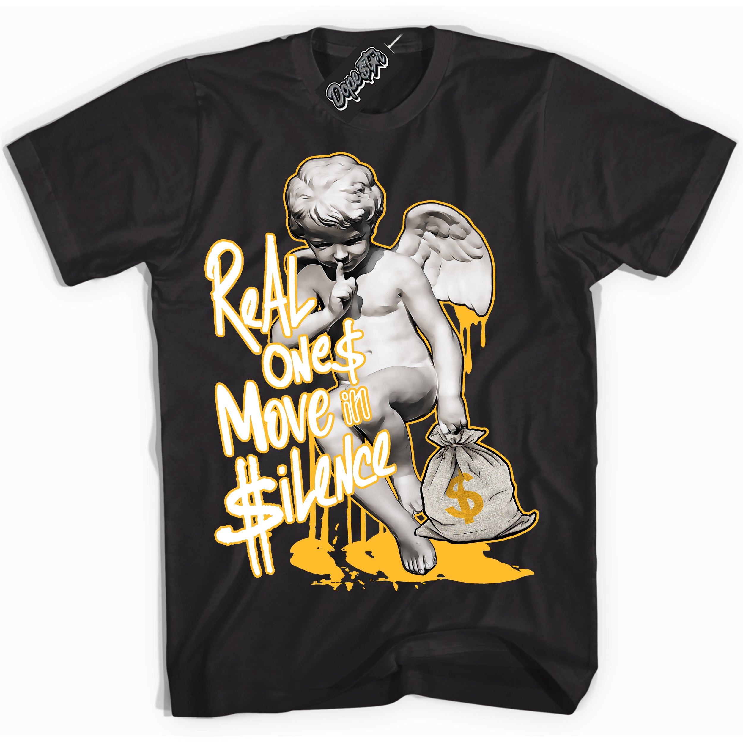 Cool Black Shirt with “ Real Ones Cherub ” design that perfectly matches White University Gold Sneakers.