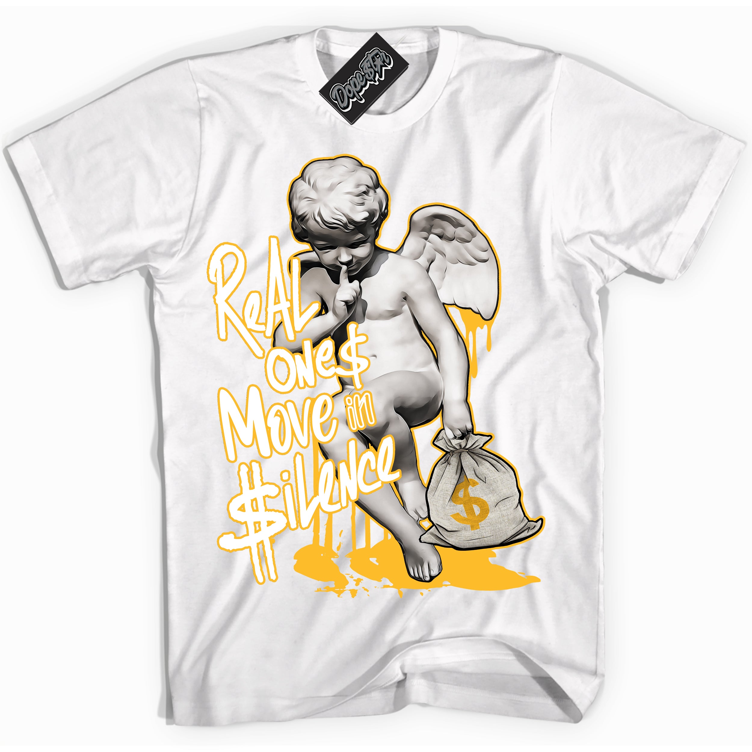 Cool White Shirt with “ Real Ones Cherub ” design that perfectly matches White University Gold Sneakers.