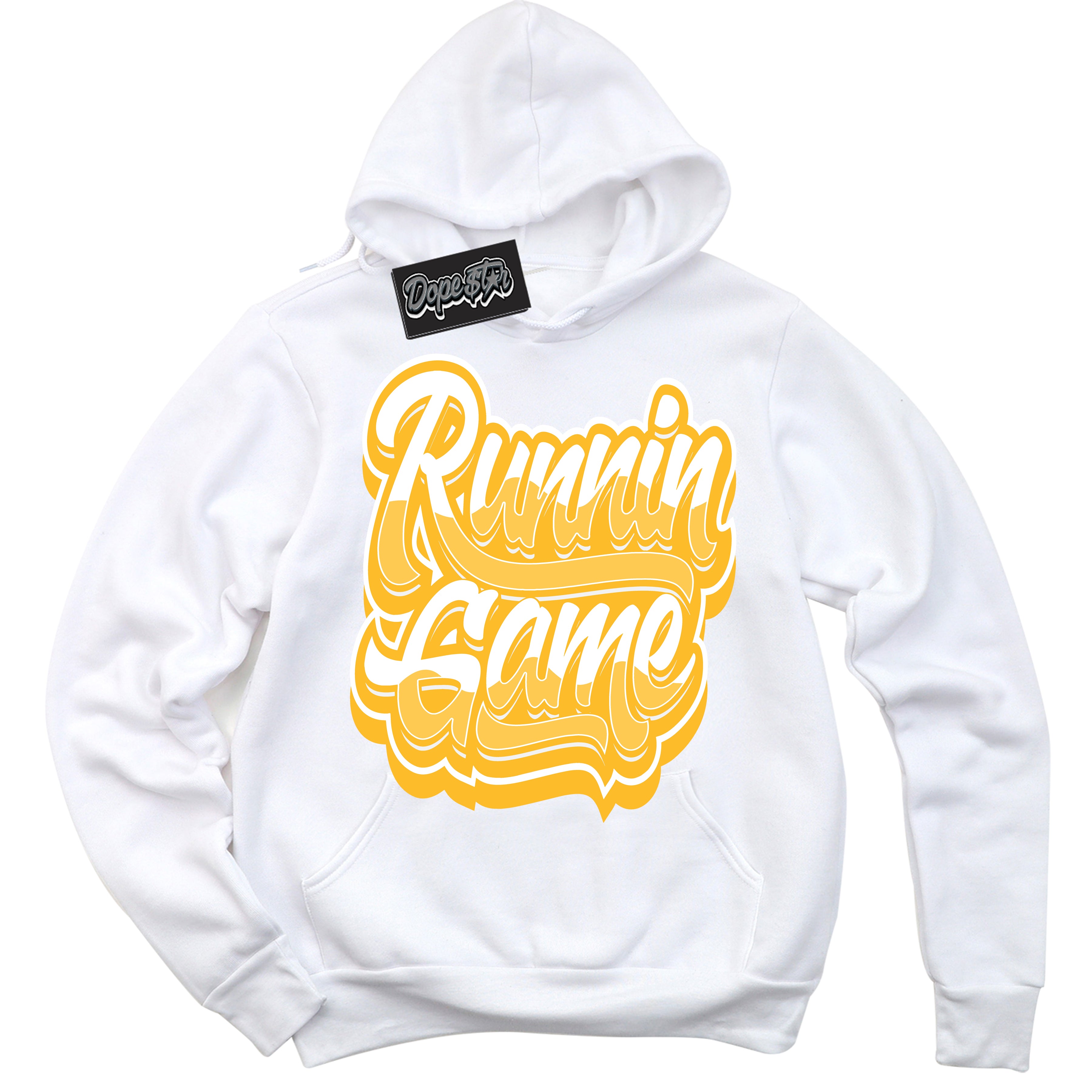 Cool White Hoodie with “ Running Game '' design that Perfectly Matches  White University Gold Sneakers.